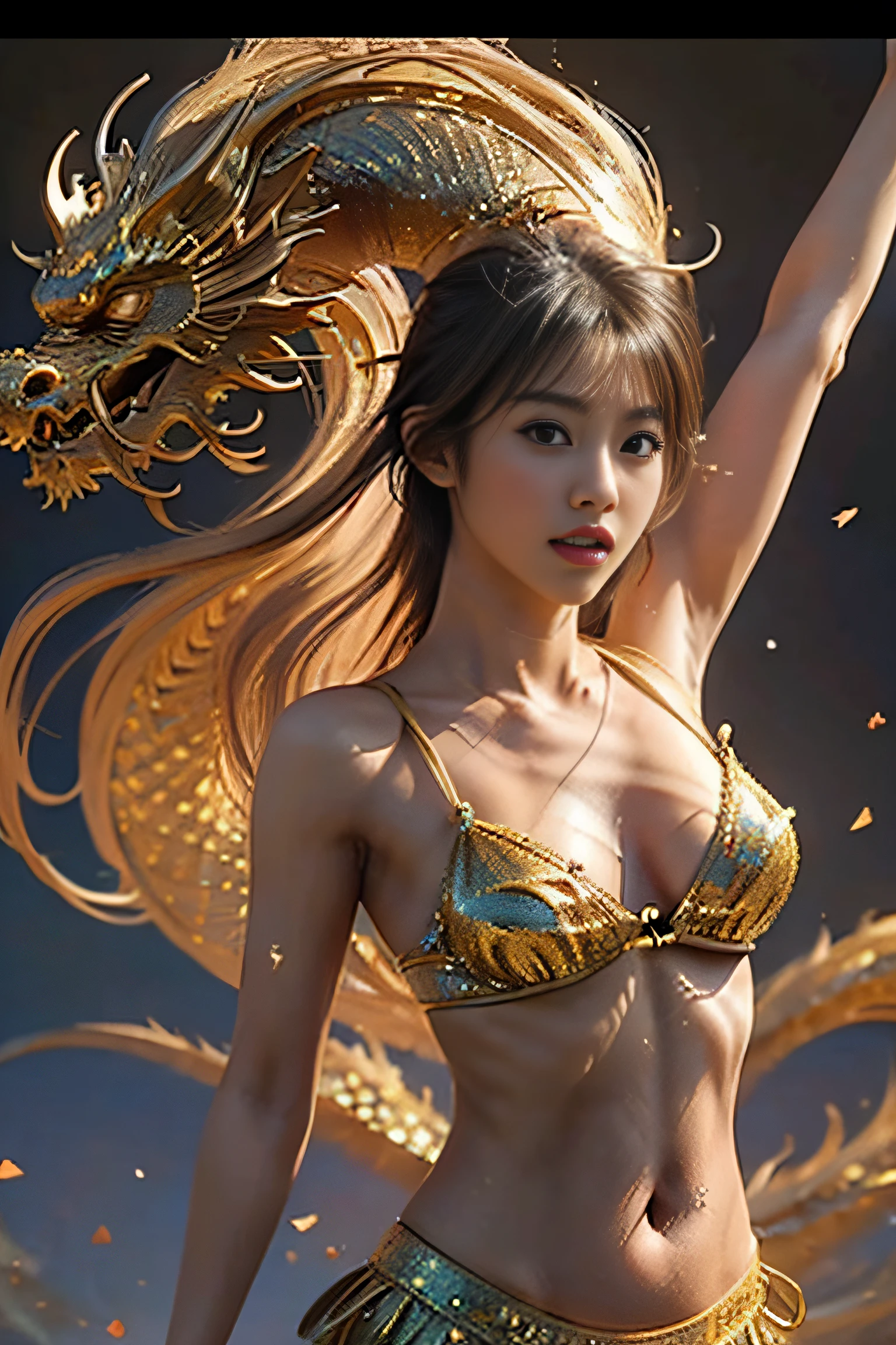 (masterpiece:1.2), ultra detailed, ultra high res, (realistic, photo realistic:1.37), high detail RAW color photo, professional photograph, an extremely delicate and beautiful, extremely detailed, finely detail, huge file size, extremely detailed beautiful girl, extremely detailed face, extremely detailed eyes, extremely detailed skin, extremely detailed nose, extremely detailed mouth, perfect anatomy, highly detailed background, shiny skin, (Japanese famous actress:1.2), (gyaru:1.25), flat chest, (Belly dancer with less cloth:1.3), (flat chest:1.3), Dynamic Pose, dynamic lighting, nsfw, lens flare, (long, dragon:1.2),