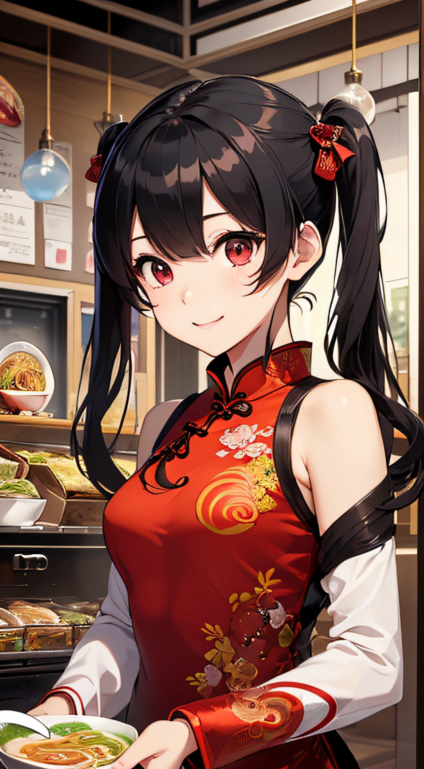 4K,hight resolution, Inside a bustling Chinese restaurant, a lively girl in a red cheongsam and yellow twin-tails serves various Chinese dishes, her energetic demeanor and bright smile adding to the vibrant atmosphere.