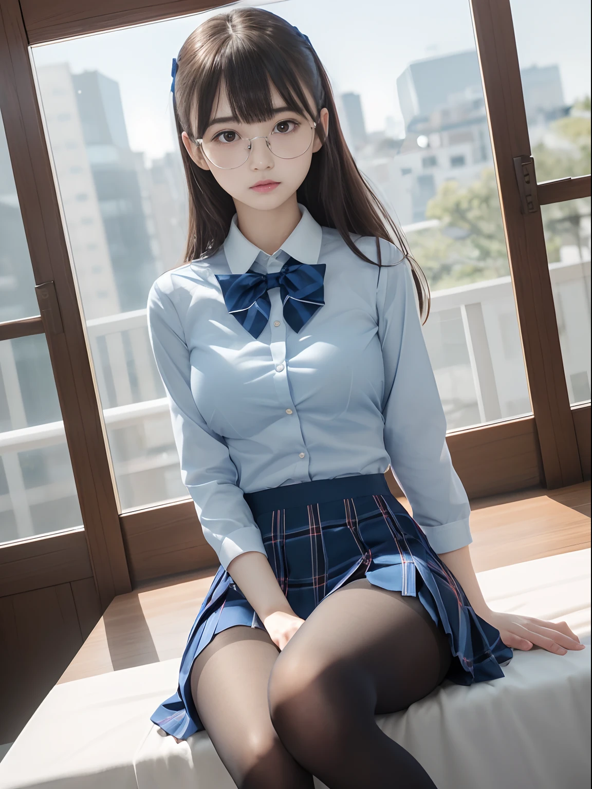 (),(Underwear is visible),(8K、Raw photography、top-quality、masterpiece:1.2),((small tits))、((small tits))、((small tits))、((small tits))、((small tits))、((A-cup))、((A-cup))、((A-cup))、((A-cup))、((A-cup))、Has a small、(flat breast)、(flat breast)、(flat breast)、(flat breast)、(flat breast)、(being thin)、Rasping,glamor,Chromo-white skin,cocky,School,watching at viewers,Looking at the front,Muchimuchi,High-pitched clothing,Erotic,Pupils,de pele branca,kne,((Black pantyhose)),absurderes,a small face,,Forehead visible,Bangs hanging from the left and right sides of the forehead,(a cold expression,Tight eyes,glares,Bullish,irate)、masterpiece,top-quality、超A high resolution,Raw photo,ren,Beautiful fece,One Person, 独奏,eye glass,,Dark look,Small breasts,fullllbody,Round glasses,JK school uniform,hi-school girl,A Japanese Lady,is standing,(Photorealsitic:1.37)、Photon mapping,Realistic、Beautie,Cute little face,Brown-eyed、Black socks、(Red bow tie)、Radio City、Physically Based Rendering、depth of fields、Blurry background、a picture,Body,beauty legs, Long legs, Thin leg,(Bangs are visible), hair, s lips, Blue_The eye, nosesoft,(Light blue shirt), (Navy and blue and white plaid pleated skirt), Knees are visible,Sheer clothing,, Thigh, Black cotton socks,Nogizaka Idol, 女優, Japanese ido