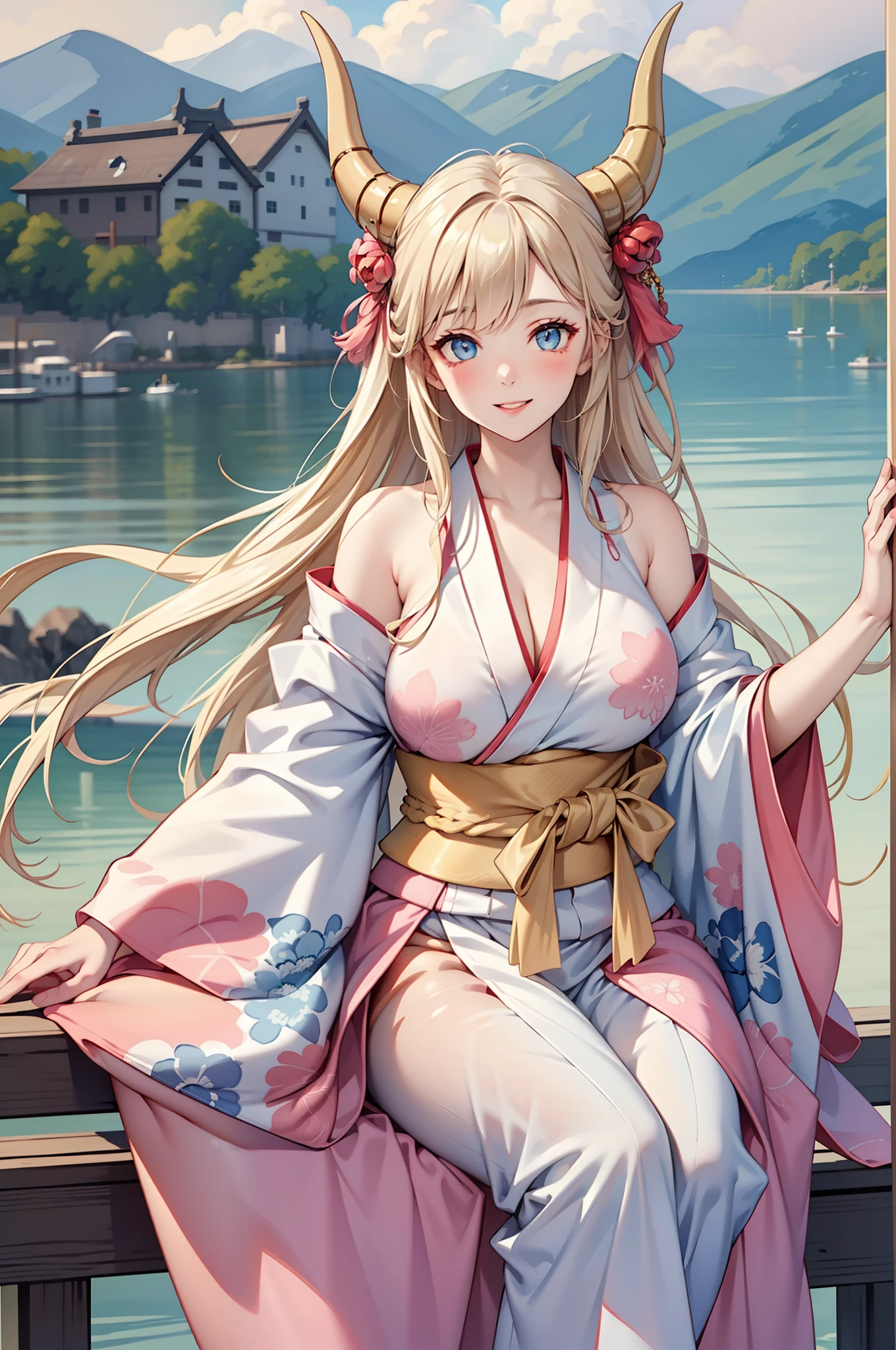 (masterpiece, best quality:1.2), (1girl, solo), 20years old, ultimate_beautiful_girl, (kimono, opaque), curvy body, huge breasts, (blonde hair, pink demon horns), light blue eyes, smile, victory sign, lakeside, sitting on the pier,