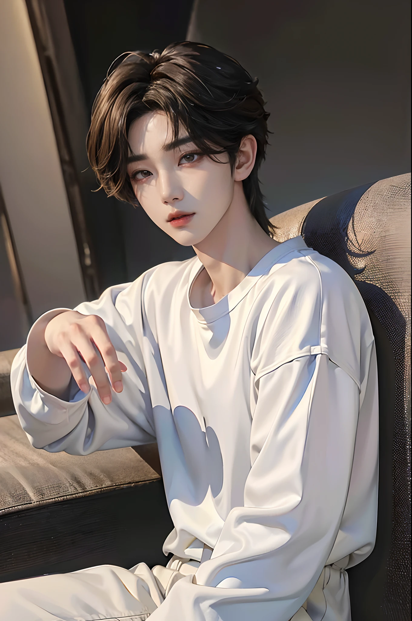 masterpiece、(top-quality)、((high-level image quality))、One Manly Boy、((White Y-shirt and long black pants))、(Detailed beautiful eyes)、Stylish homeroom、Take a selfie while sitting with your back to the wall、Face similar to Chaewon in Ruseraphim、((short hair above the ears))、((Smaller face))、((Neutral face))、((Light brown eyes))、((Korean boy))、((18year old))、((Handsome man))、((Wild look))、((Korean Makeup))、((elongated and sharp eyes))、((Take a selfie))、((Selfie near face))、((Close-range shooting))