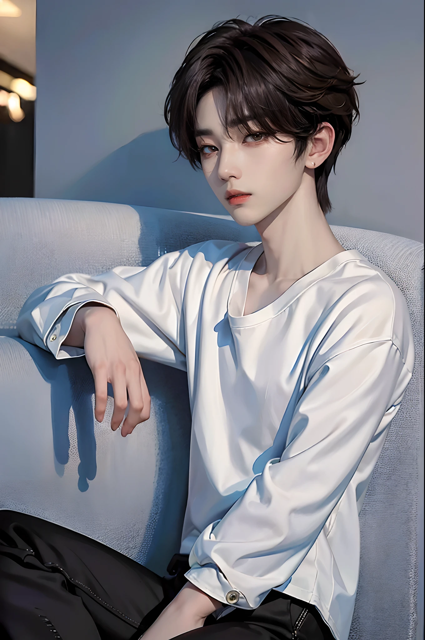 ​masterpiece、（top-quality)、((high-level image quality))、One Manly Boy、Slim body、((White Y-shirt and long black pants))、(Detailed beautiful eyes)、September Night Road、sitting on a curb、Face similar to Chaewon in Ruseraphim、((short hair above the ears))、((Smaller face))、((Neutral face))、((Light brown eyes))、((Korean boy))、((18year old))、((Handsome man))、((Wild look))、((Korean Makeup))、((elongated and sharp eyes))、((Sit in front of the viewer))、((Photograph him from afar))