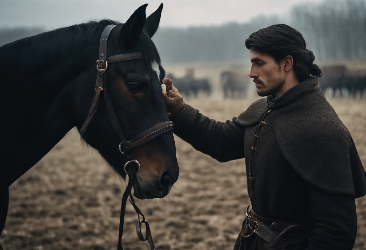 medieval Hungary, young gypsy man as stable hand, black horse, snow on ground, field, day