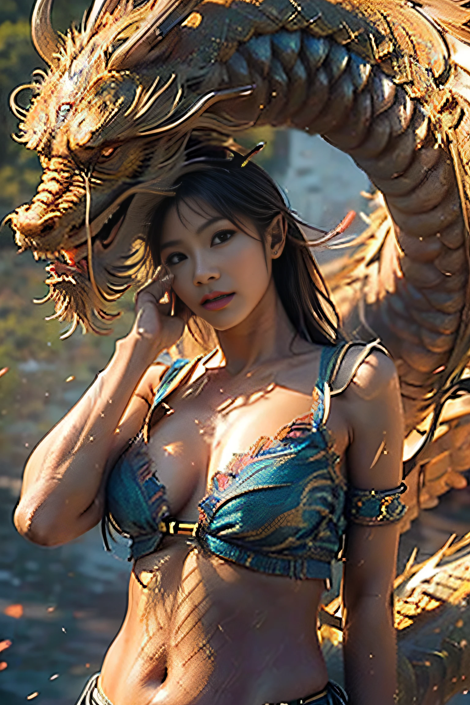 (masterpiece:1.2), ultra detailed, ultra high res, (realistic, photo realistic:1.37), high detail RAW color photo, professional photograph, an extremely delicate and beautiful, extremely detailed, finely detail, huge file size, extremely detailed beautiful girl, extremely detailed face, extremely detailed eyes, extremely detailed skin, extremely detailed nose, extremely detailed mouth, perfect anatomy, highly detailed background, shiny skin, (Japanese famous actress:1.2), (gyaru:1.25), flat chest, (Belly dancer with less cloth:1.3), (flat chest:1.3), Dynamic Pose, cinematic lighting, nsfw, lens flare, (long, dragon:1.2),