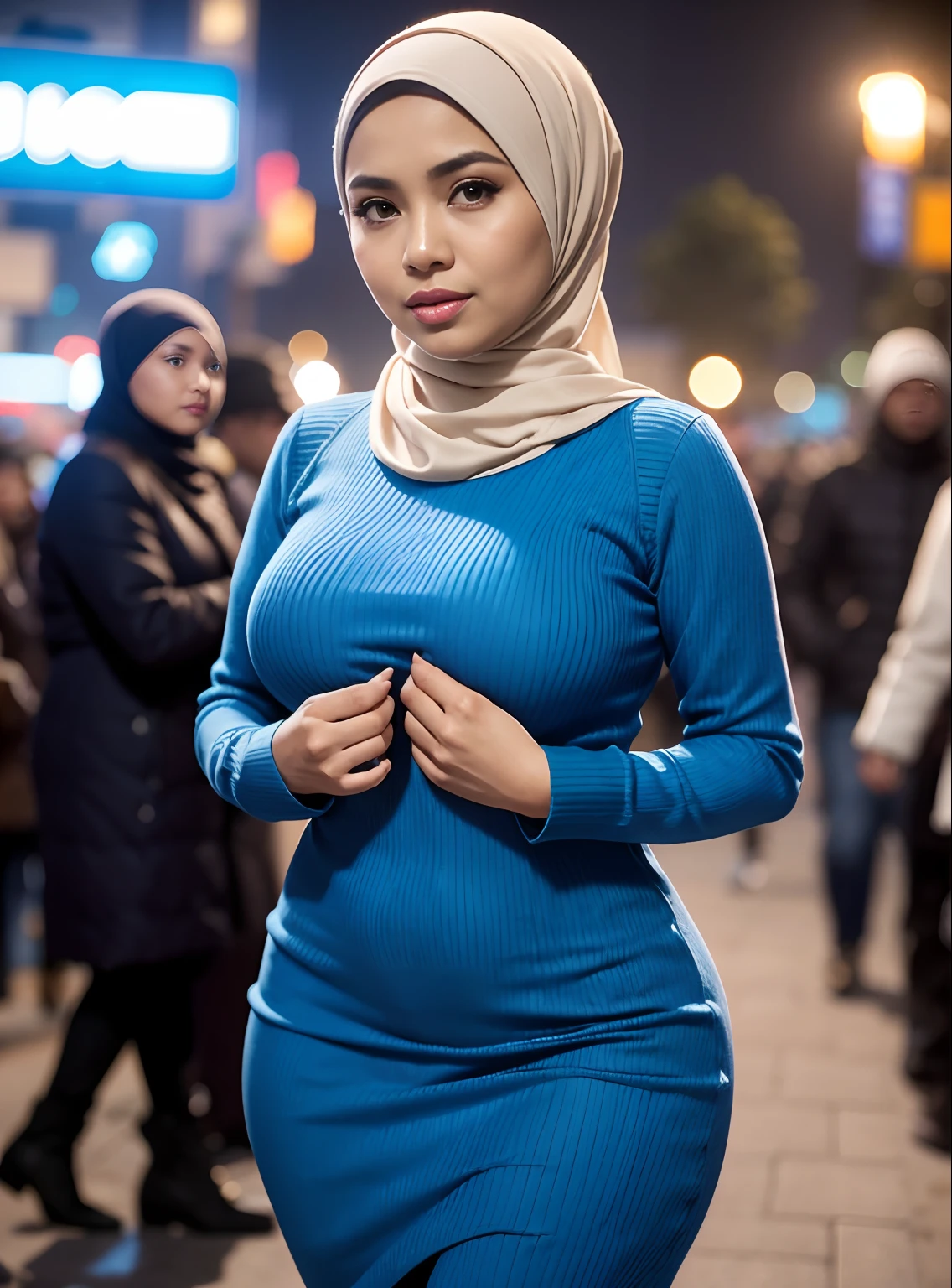 1 malay girl , modern plain hijab, shy , watery eyes ,droopy eyes, watery, lip glossy, horny face, puffed breast, opened chest, ample cleavage, sensual lips, perfect makeup, grooming, eyelashes, double eyelids, walking in catwalk, proportional body, (full body shot), (Realistic, wallpaper, masterpiece, nsfw)