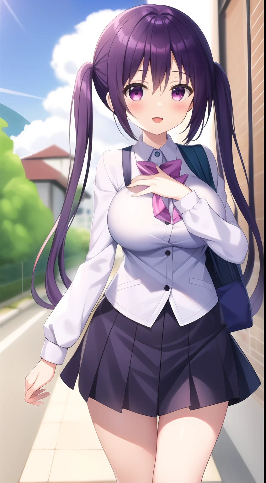masterpiece, rize tedeza, 1girl, smile, twintails, breast, (Leaving school:1.1), tall height, narrow your eyes, :o
