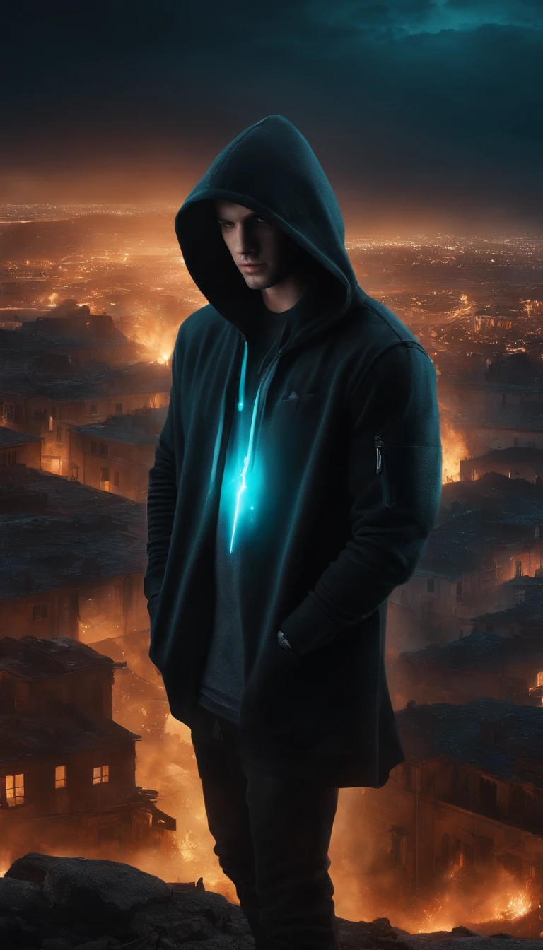tmasterpiece, hiquality, absurdress, guy, Dark hair, Detailed eyes and face, Cyan eyes, beatiful face, black hoodie, Burning city ruins, An abandoned suburban town, Meteor shower, in night, Winged metal figure in the sky