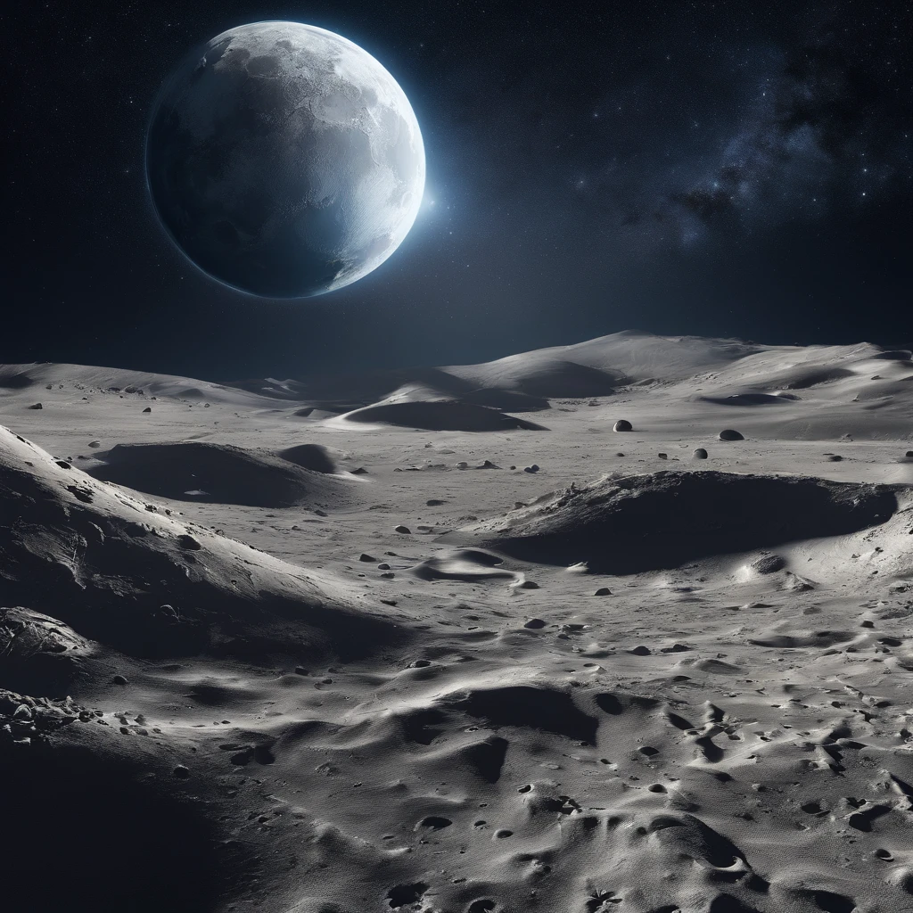 Master Parts、Superior Quality、superior image quality、The 8k quality、Beautiful pictures of the starry sky、magnifica、Arched Milky Way:1.25、Alafed view of Earth from the lunar surface, Lunar surface, space photo, on the moon, moon background, moon background, on the moon, Lunar soil, space photo, moonscape, Focus on the Moon, On Moon, Numerous craters:1.9, Huge Earth in the Sky