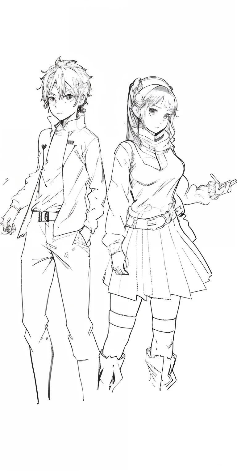 a drawing of two anime characters standing next to each other, clean anime outlines, thick lineart, bold lineart, medium shot of two characters, clean lineart, perfect lineart, sharp lineart, simple lineart, line art!!, lineart, thick black lineart, variable lineart, full body character drawing, by Naka Bokunen