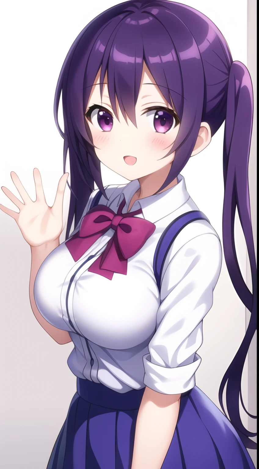 masterpiece, rize tedeza, 1girl, smile, :o, twintails, breast, (Leaving school:1.1), tall height, from side, reaching out