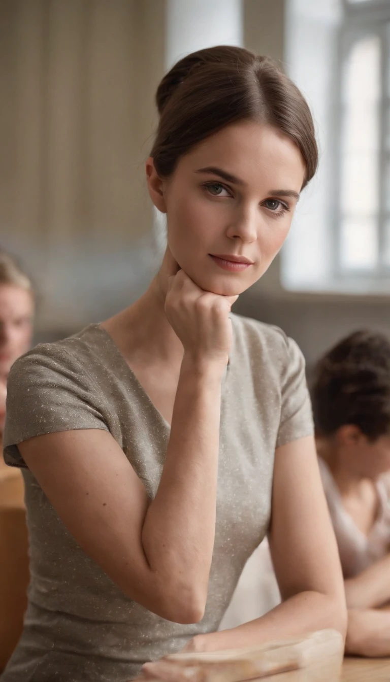 Dans la salle de classe，The teacher gives lessons to hyper stressed students ，Beau professeur，Clivage en gros plan，mise au point nette sur les yeux