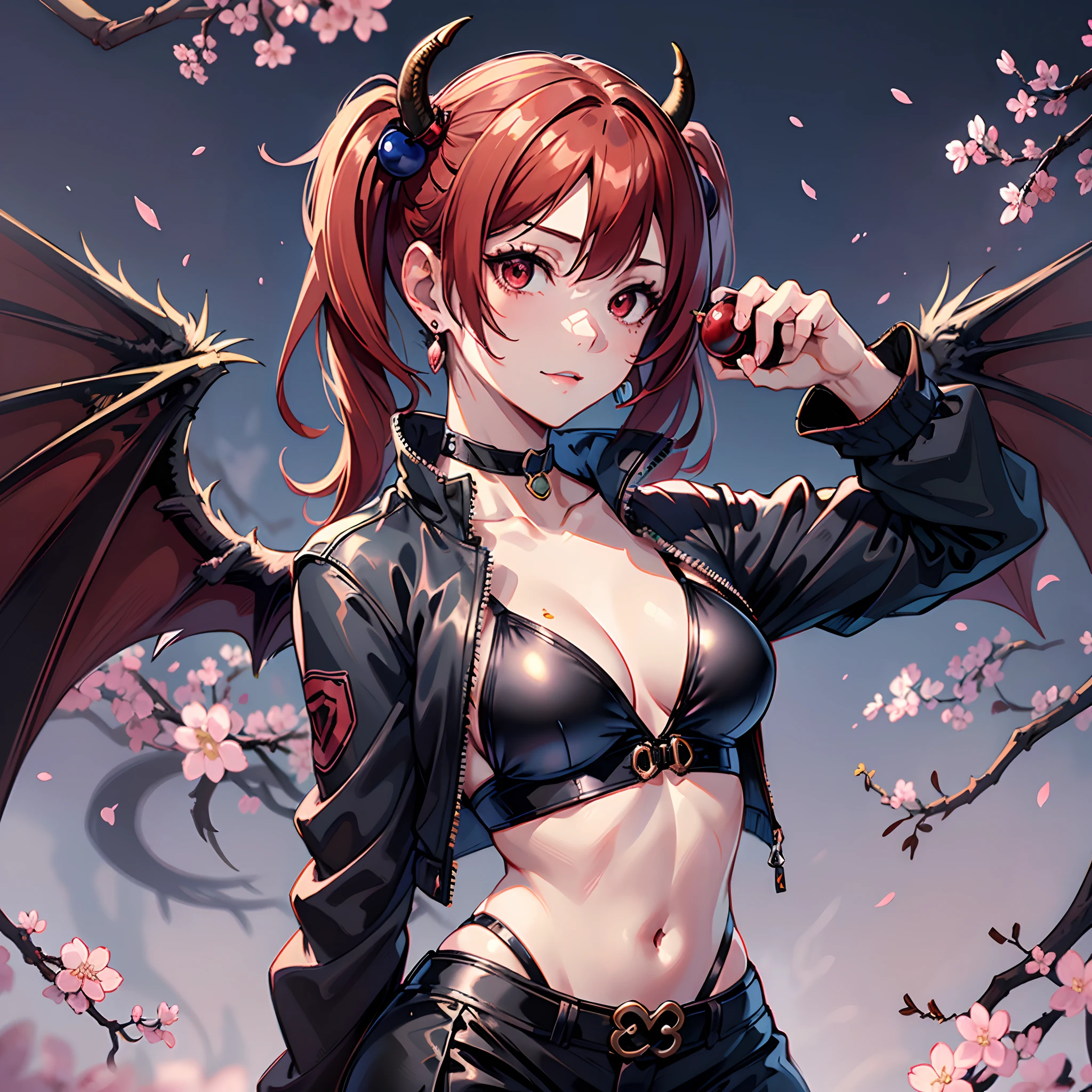 ((Red-haired)), ((shorttwintail)), ((masutepiece, Best Quality:1.37)), hight resolution, Ultra-detailed, ((Small Devil_Wings)), ultra-sharp, ((whips)), BREAK, ((Black Wings of the Little Devil)), 1girl in, Extreme close-up, close-up, (Beautiful Anime Face, Cute face, Detailed face), ((Succubus)), Red Eyes,((Non-erotic)), Jewelry, earrings,((short twintails)), Piercing, BREAK, ((Detailed baseball costumes:1.5),((Hand holding a whip)), ((Detailed black bikini:1.3)), (Intimidating corset choker),((long tail)), Wearing a jacket, nice appearance, detailed  clothes), ((Black miniskirt)), ((small tits)), with intensely mesmerizing red eyes, lightsmile, Closed mouth,  red lipsticks, BREAK, Standing, detailed human hands, HDTV:1.2, ((Detailed night cherry blossom background:1.3)), 8 life-size, slender, Anime style, Perfect Anatomy, perfectly proportions, ((deep in the night)), Excellent lighting, Bright colors, Clean lines, Photorealistic