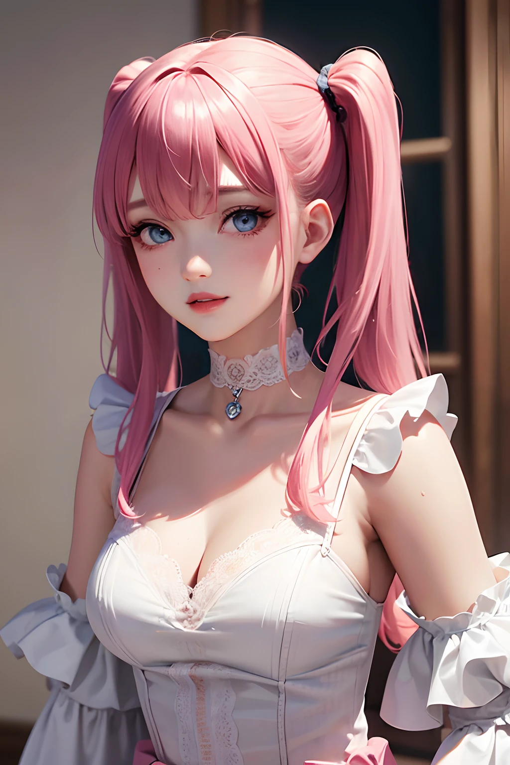 A Japanese girl with pastel pink hair, wearing a transparent pastel pink dress, with large breasts, black panties, red eyes, and pink lips.