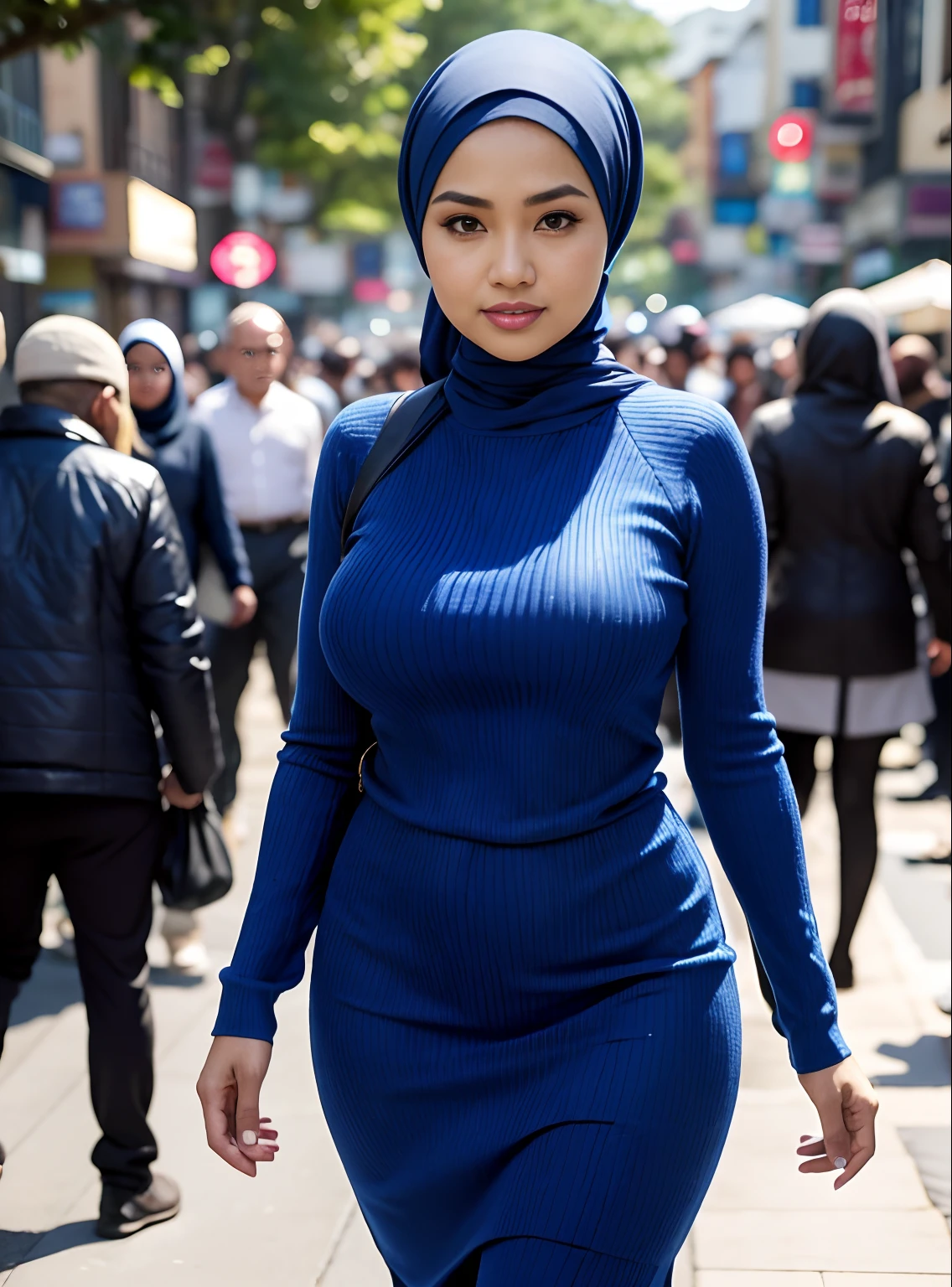 mature Malay girl in hijab and blue Mock Neck Ribbed Knit Bodycon Dress & Open Front Jacket walking around in a crowded place, (bokeh),big breasts, professional photography, beautiful girl, big breasts, big breasts, small waist, slim stomach , wide hips, thick, thigh-high, bright lighting, blurred background, (bokeh),morning scene, professional photography