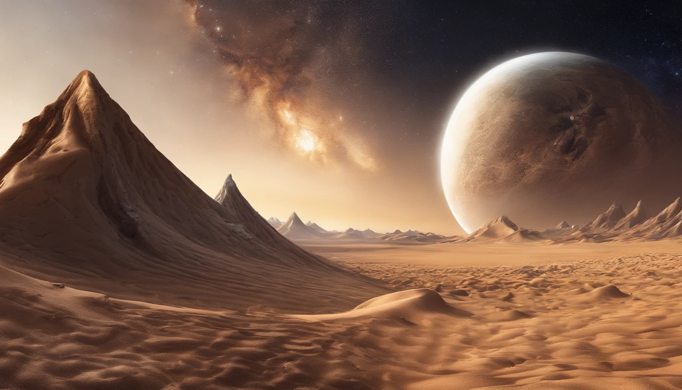 huge planet, Barren desert, the night, starrysky, surrealism, masutepiece, hight resolution、Impressive Milky Way
