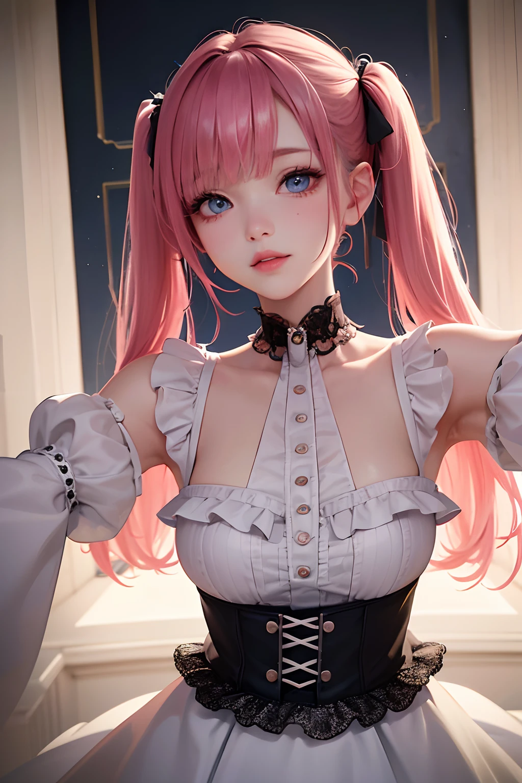 1girl in、looking at the viewers、
The upper part of the body、Beautiful blue eyes、Twin tails pink hair color、Moles under the eyes、Plump and glossy lips、Heart-shaped choker、gazing at viewer、smiling at the viewer、。.。.。.。.。.。.。.。.。.。.。.。.。.。.。.。.。.。.。.。.。.3D、realisitic、
Blouses with ruffles、Ultra mini skirt、florals、Lace trim、Luxurious rooms with luxurious décor、
masterpiece、top-quality、8K、detailed skin textures、Detailed Cloth Texture、beautifull detailed face、intricate-detail、ultra-detailliert、
Rim lighting、Side lighting、ciinematic light、超A high resolution、8K UHD、film grains、Best Shadow、delicated、gazing at viewer、front facing