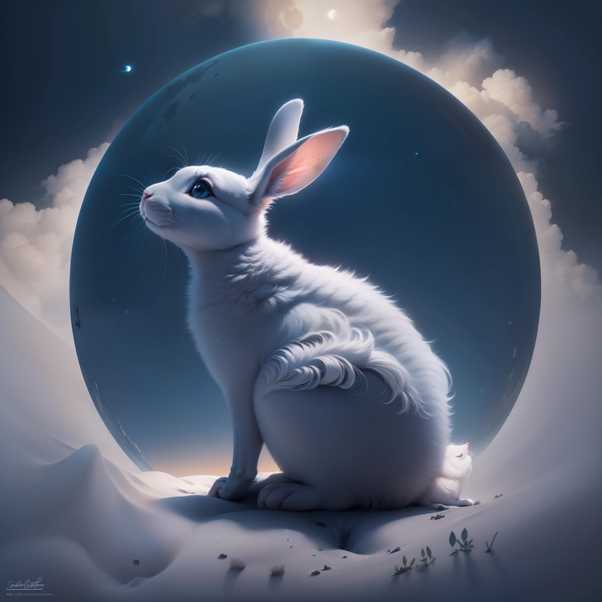 (best quality,4k,8k,highres,masterpiece:1.2),ultra-detailed,(realistic,photorealistic,photo-realistic:1.37),white rabbit looking up at full moon,negative space composition,detailed eyes,pointed ears,fluffy fur,magic,night scene,serene atmosphere,mysterious feeling,midnight blue sky,cool moonlight,glimmering stars,faint clouds,peaceful silence,vivid colors,revealing minimalism,subtle details,clean lines,unique perspective,contrast between rabbit and background,silhouette,exquisite simplicity,ethereal beauty,abstract representation