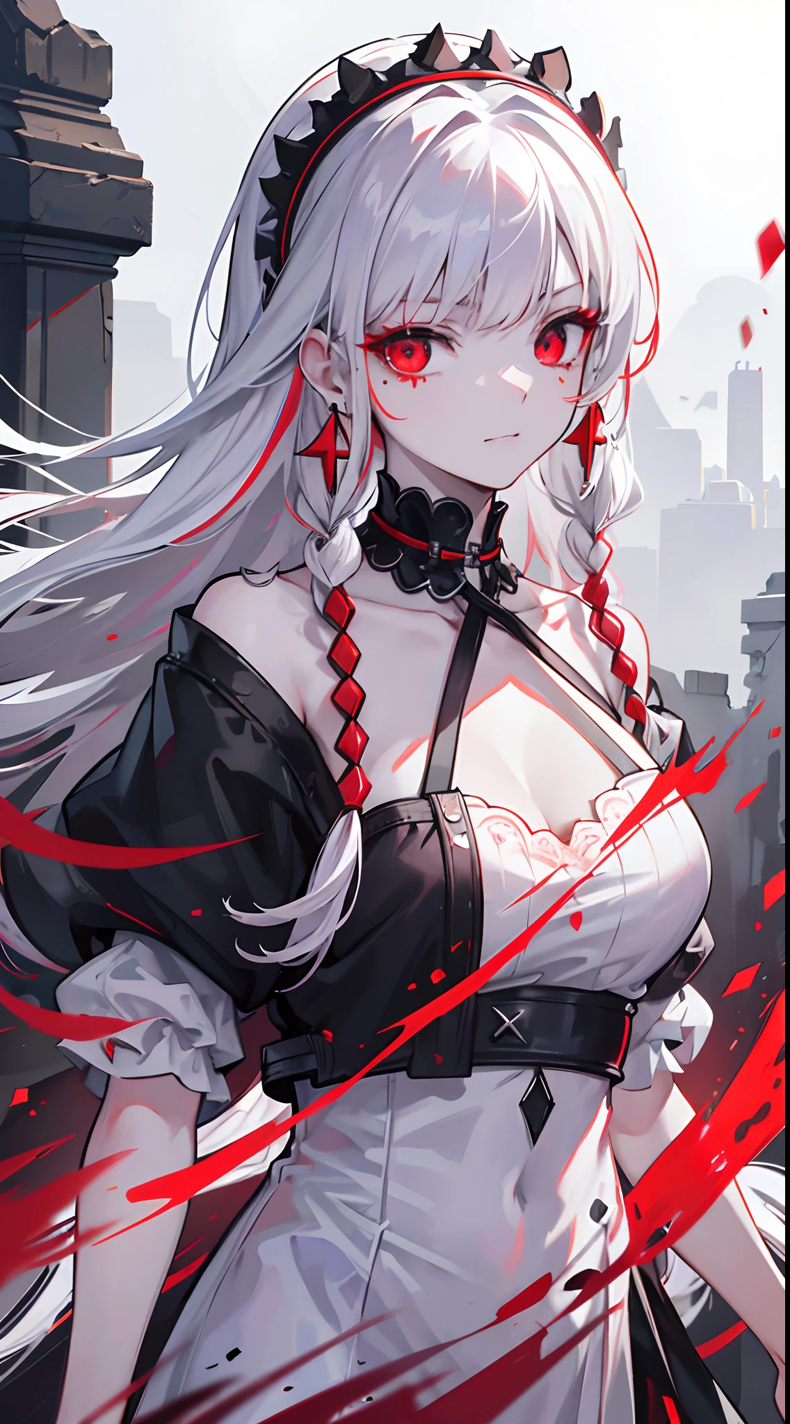 A girl，Red tear mole，Miserable white skin，Black metal earrings，frenzied，Red pick dye， long  white hair, White braids on both sides, red hairband，Prompts are highlighted in red, Red eyes,Red giant eyes，Star Eyes，Shed blood and tears，White costume，fang，A disdainful smile，Tilting his head and sneering，Scars with neck sutures，Wrapped in a white bandage, Scattered debris of the earth. bare-legged，Black collar，Black chains, Ring-shaped pattern，the scars，Surrounded by burning ruins，Creates mottled shadows, Her hair swayed gently in the breeze, A crazy look on her face(Best quality,4K,8K,A high resolution,Masterpiece:1.2), Ultra-detailed, (Realistic,Photorealistic,photo-realistic:1.37), hdr, hyper HD, Studio lighting, Ultra-fine painting, Sharp focus, Physically-based rendering, Extreme detail description,