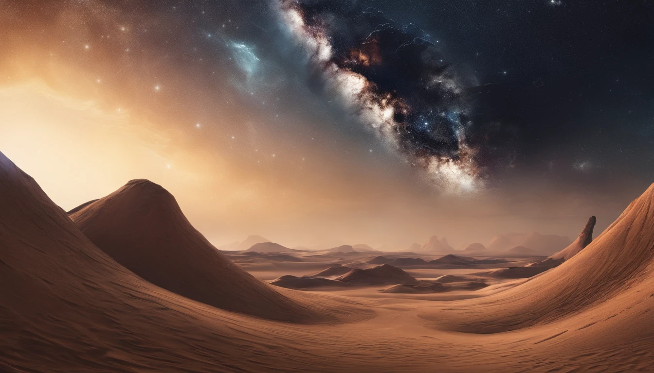 huge planet, Barren desert, the night, starrysky, surrealism, masutepiece, hight resolution、Impressive Milky Way