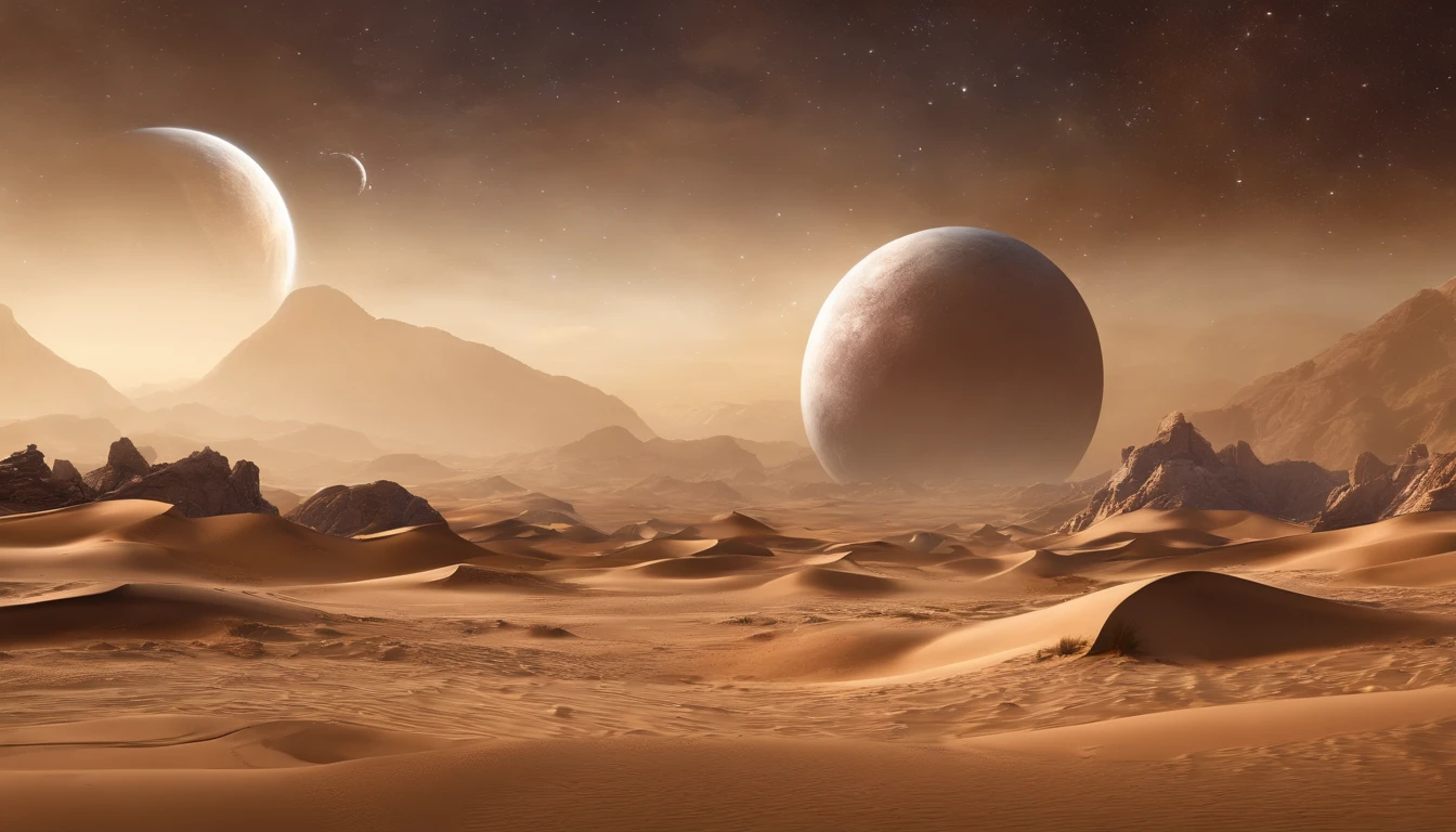 huge planet, Barren desert, the night, starrysky, surrealism, masutepiece, hight resolution、Impressive Milky Way