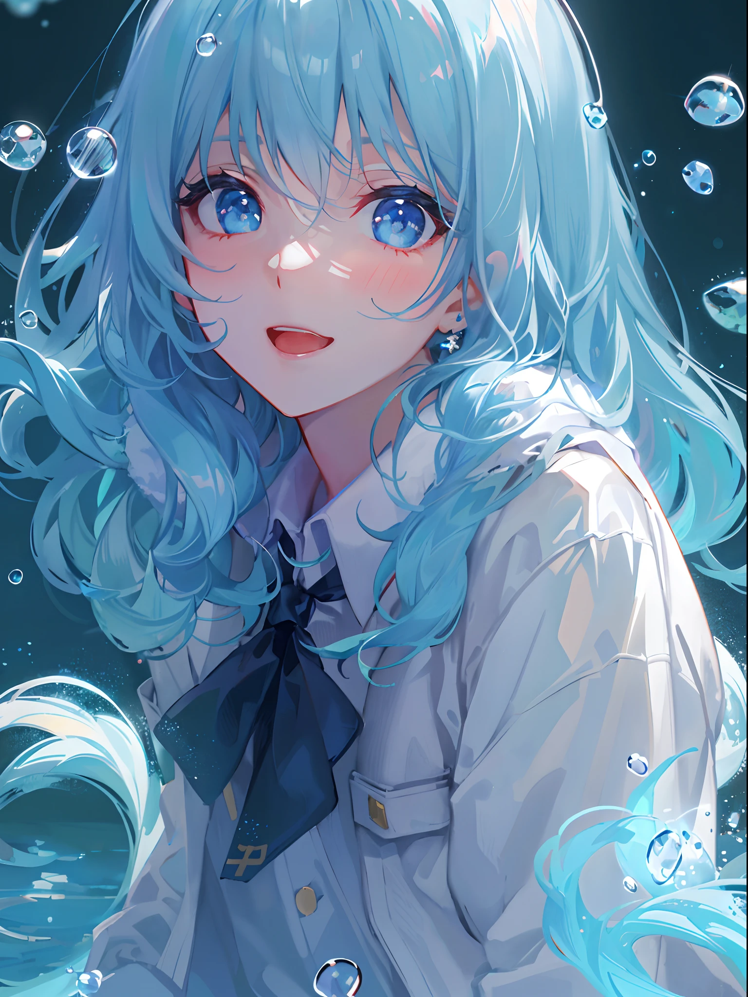 ((top-quality)), ((​masterpiece)), ((ultra-detailliert)), (extremely delicate and beautiful), girl with, 独奏, cold attitude,((Black jacket)),She is very(relax)with  the(Settled down)Looks,A dark-haired, depth of fields,evil smile,Bubble, under the water, Air bubble,bright light blue eyes,Inner color with light blue hair and light blue tips,Cold background,Bob Hair - Linear Art, shortpants、knee high socks、White uniform like school uniform、Light blue ribbon ties、Clothes are sheer、Hands in pockets、Bright eyes like sapphires,flourescent blue, There was a little blue light floating around、Upper eyes、