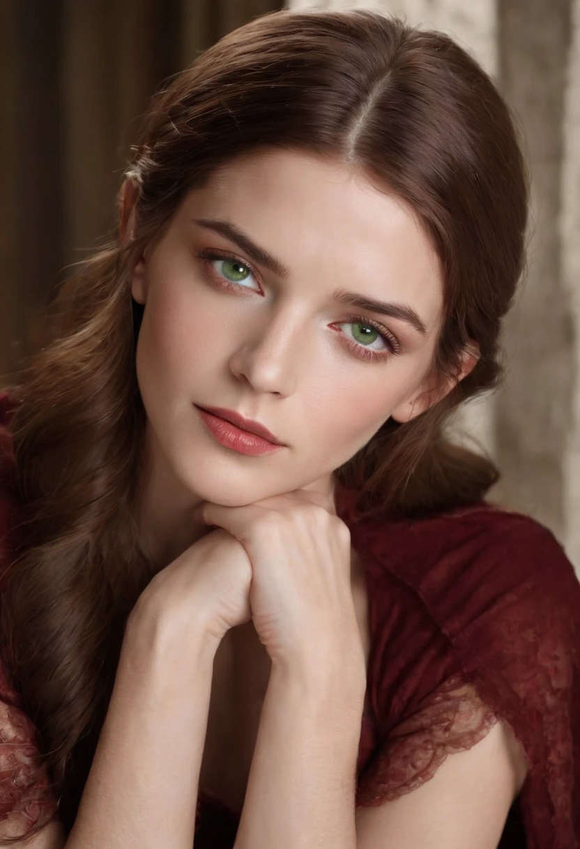 (((a deep reddish wound crosses her left cheek))) fair complexion, Ashley Greene around 19 years old, natural white hair, distinctive green eyes, wearing kohl, slender and graceful, beautiful, candlelight in a medieval setting, ultra sharp focus, realistic shot, medieval female clothes, tetradic colors (scar:1.4)