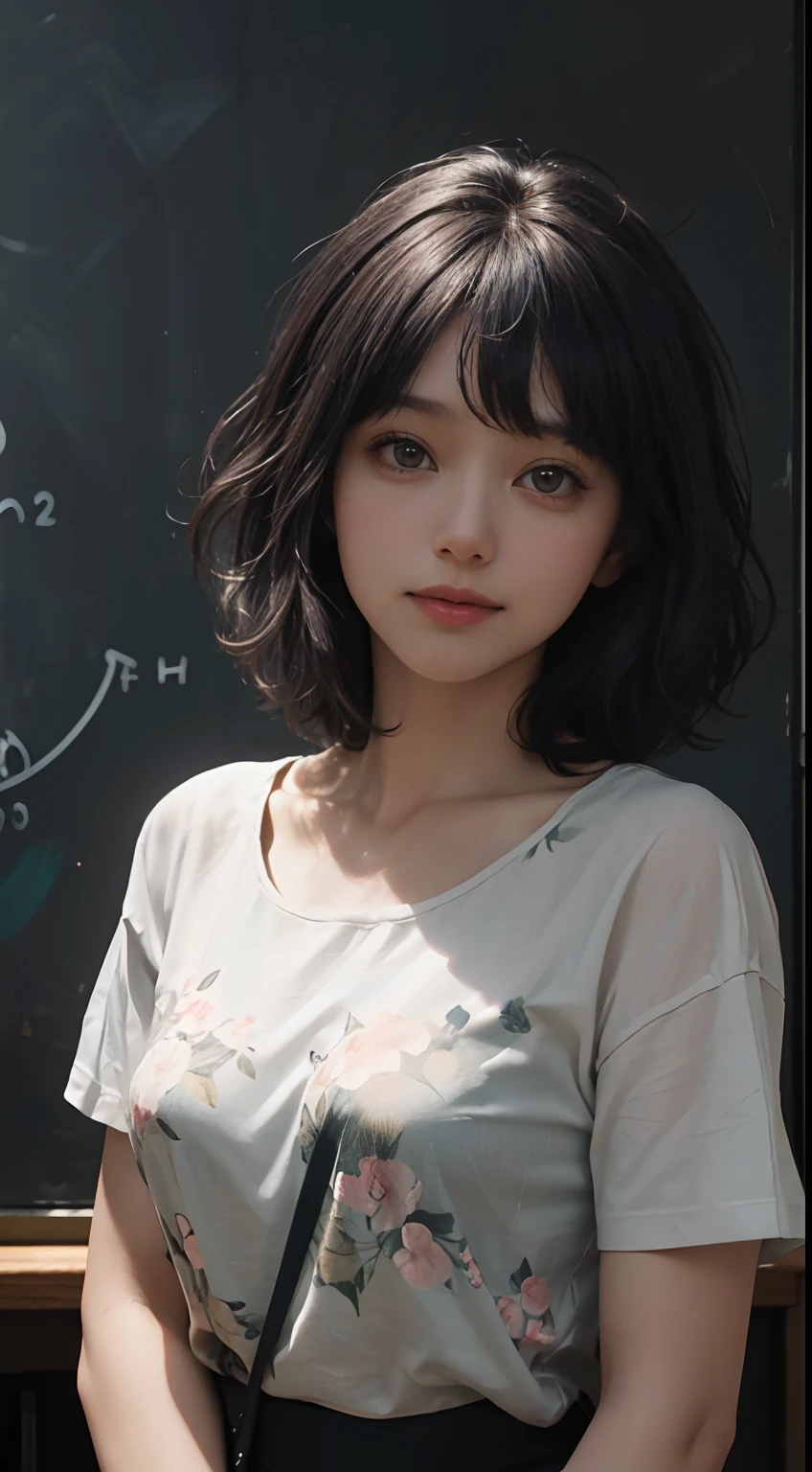 (Black Shorthair:1.5), (a 20 yo woman), (T-shirt design), (Floral clothing), (Breast bulge),((Being in a physics classroom)), (A hyper-realistic), (Relaxed), (Increased resolution), (8KUHD), (Extremely detailed), (Best Illustration), (Beautiful and detailed eyes), (Best Quality), (ultra-detailliert), (masutepiece ), ( Wallpaper), (Detailed face), Fine details, Deep Shadows, lowkey, Smiling, (There is a photo of Einstein), (There are many photos of physicists), (Solving the chalkboard formula), Standing in front of the blackboard