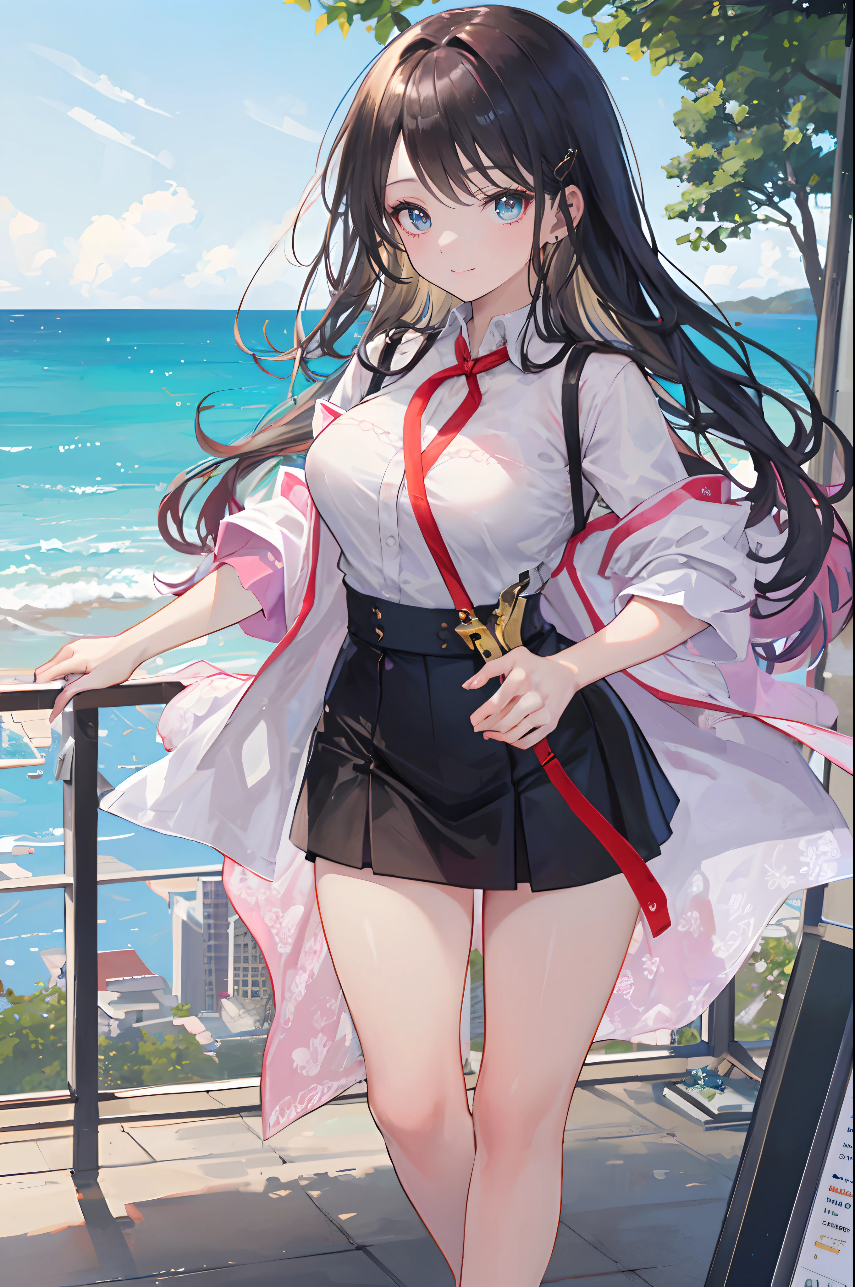 ((A beautiful and cute woman is standing on the terrace)), ((20-year-old beauty)), ((charming smile)), ((shiny long hair)), ((miniskirt)), (( Rich bust)), ((gradient eyes)), ((background is city with sea view)), attractive makeup, single view, NFFSW, UHD, retina, masterpiece, accurate, anatomical, scientifically correct, textured skin, super detail, high detail, high quality, award winning, top quality, high resolution, 1080P, HD, 4K, 8k, 16k