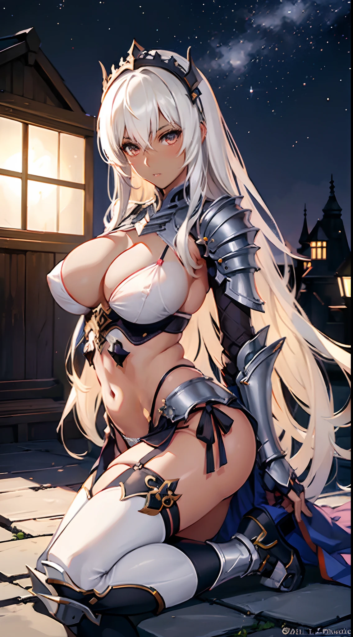 ((slanted eye)),(A MILF),(((maturefemale,adult  woman))),独奏,masutepiece,top-quality, ultra-definition, max resolution, A highly detailed,((((Dark skin)))), Extremely sexy,Colossal tits,White panties,blush,high legs,thong,bikini-armor,armor girl,Bikini Armor, White bikini armor, ornate bikini armor, Female knight, Gorgeous Female Paladin,Beautiful armor,cleavage,overknee socks,western building,At night,groin,Ass,