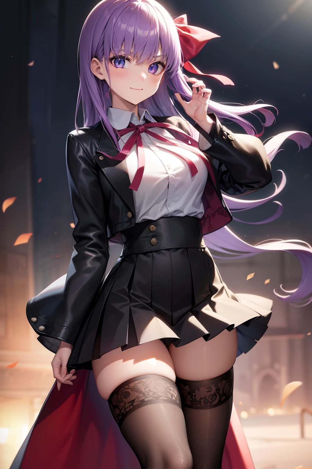 Hugob, nffsw, Purple hair, Long hair, Bangs, (Purple eyes:1.1), (medium breasts:1.2),Blake Black Jacket, Black skirt, Collared shirt, Hair Ribbon, high waist skirt, Jacket, Long sleeves, Neck ribbon, Open your clothes, Open jacket, Pleated skirt, Red Ribbon, bow ribbon, Shirt, Skirt, sleeves past wrists, White shirt, Wide sleeves,BREAK looking at viewer,BREAK outdoors, BREAK (masutepiece:1.2), Best Quality, High resolution, Unity 8k壁纸, (Illustration:0.8), (Beautiful detailed eyes:1.6), extra detailed face, Perfect Lighting, extremely details CG, (Perfect hands, Perfect Anatomy),miscievous smile