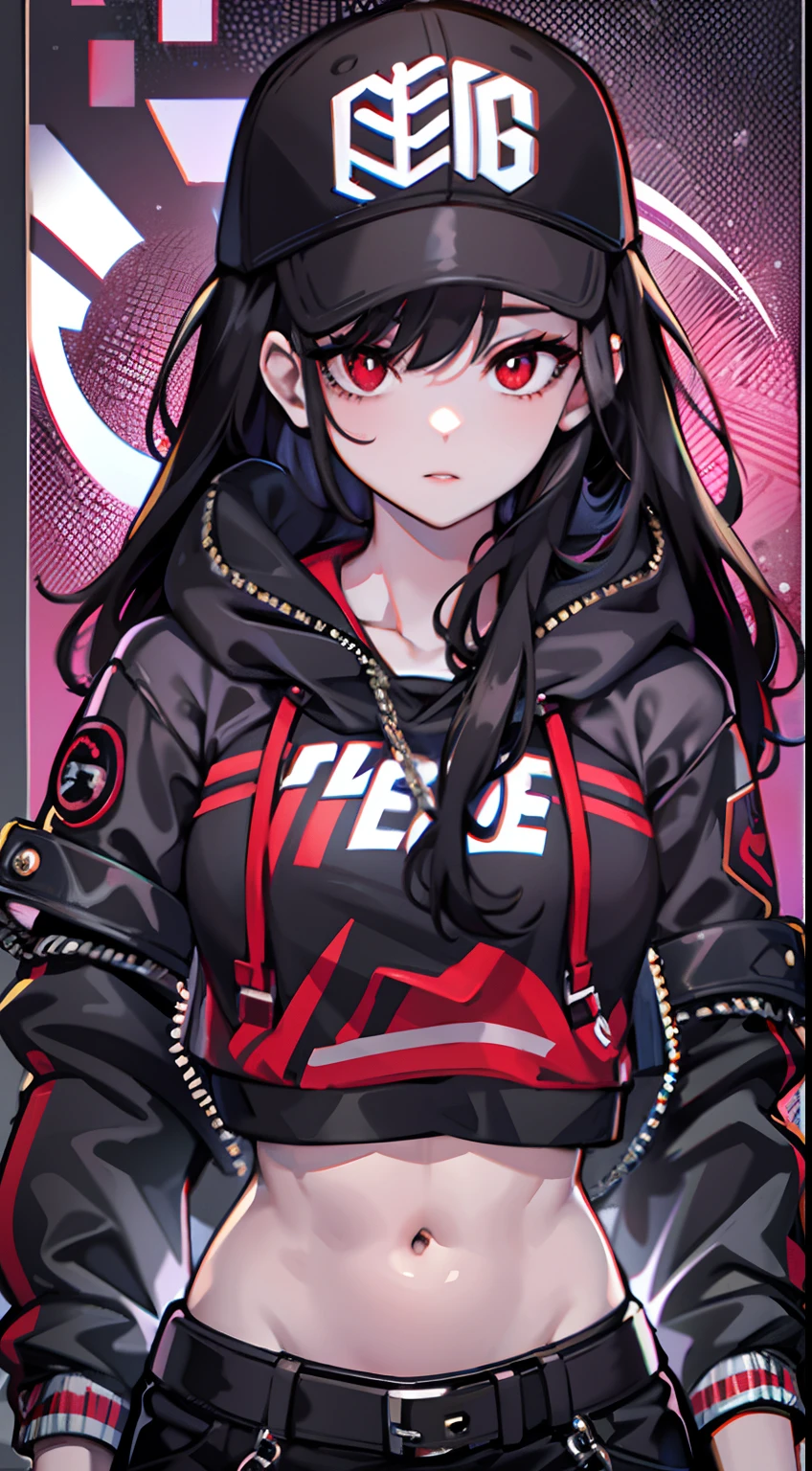 upper body, 1woman, black hair, Long Haired, red eyes, (streetwear style), black jacket, big breats, wallpaper, Chain background, light particles, (masterpiece), best quality, Top Quality, pale white skin, solo, black cap, midriff