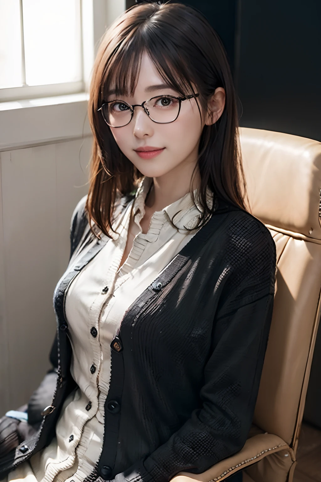 (8K、Raw photography、top-quality、masterpiece:1.2)、(realisitic、Photorealsitic:1.37)、ultra-detailliert、超A high resolution、女の子 1 人、29yo、see the beholder、beautifull detailed face、Smile、Constriction、(Slim waist) :1.3)、Beautiful detailed skin、Skin Texture、Floating hair、(Cardigan:1.4)、Professional Lighting、Autumn afternoon、Inside the café、(((Black square glasses )))、the whole、Black hair、((Sitting on a chair))、