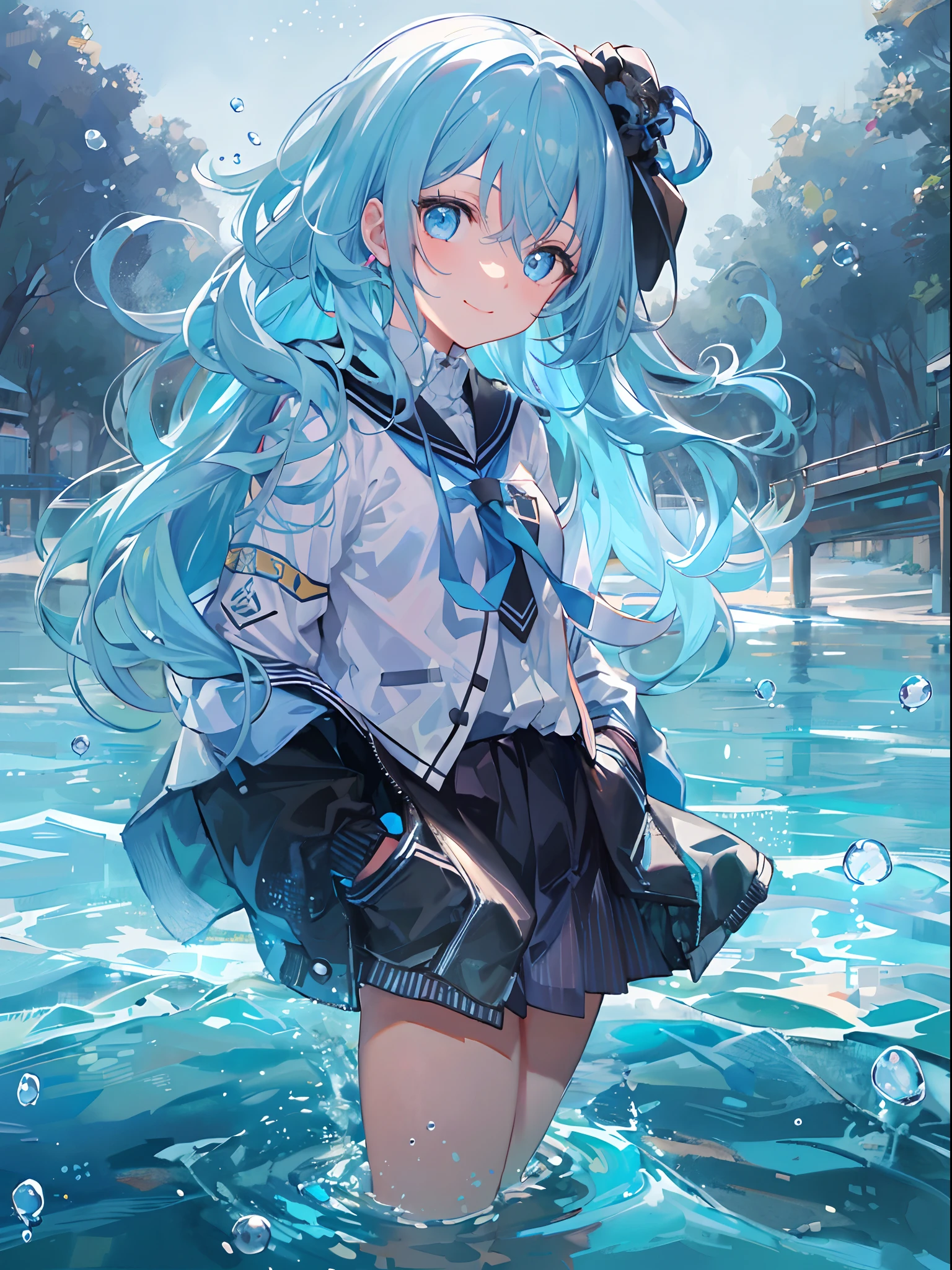 ((top-quality)), ((masterpiece)), ((ultra-detailliert)), (extremely delicate and beautiful), girl with, 独奏, cold attitude,((Black jacket)),She is very(relax)with the(Settled down)Looks,A dark-haired, depth of fields,evil smile,Bubble, under the water, Air bubble,bright light blue eyes,Inner color with light blue hair and light blue tips,Cold background,Bob Hair - Linear Art, shortpants、knee high socks、White uniform like school uniform、Light blue ribbon ties、Clothes are sheer、Hands in pockets、Bright eyes like sapphires,flourescent blue, There was a little blue light floating around、Upper eyes、
