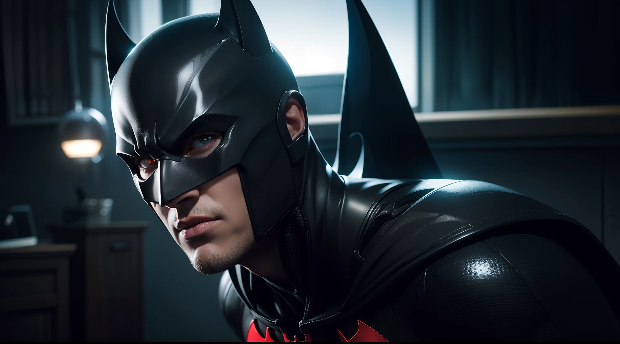 Batman Beyond из DC Comics, CGI with clear focus, Photorealistic, high detail, Realistic, Masterpiece, absurdress, Best Quality, HDR, hiquality, hight resolution, Extremely detailed, 8k wallpaper, intricate details, 8K UHD, Full-HD, (foto realista:1.2), Contrast, sharp lighting, Cinematic lighting, natural lighting, hard light, Backlighting, Global Illumination, Environment Occlusion