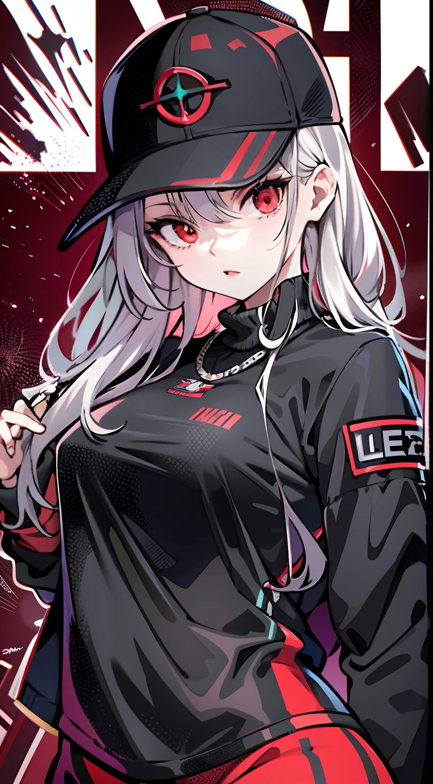 upper body, 1woman, black hair, Long Haired, red eyes, (streetwear style), black jacket, big breats, wallpaper, Chain background, light particles, (masterpiece), best quality, Top Quality, pale white skin, solo, black cap, midriff