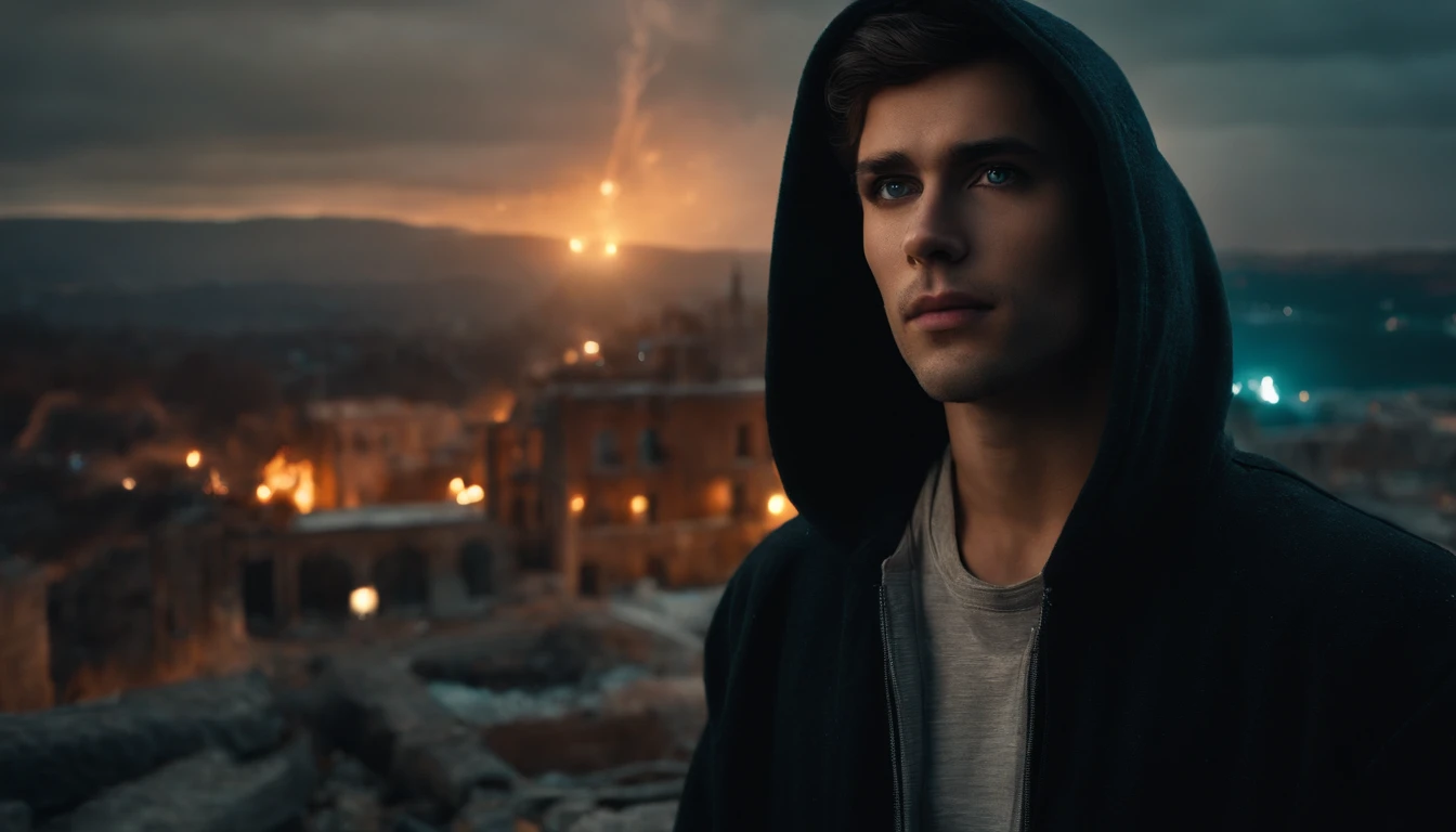 foto realista, tmasterpiece, hiquality, absurdress, guy, Dark hair, Detailed eyes and face, Cyan eyes, beatiful face, black hoodie, Burning city ruins, An abandoned suburban town, Meteor shower, in night, Winged metal figure in the sky