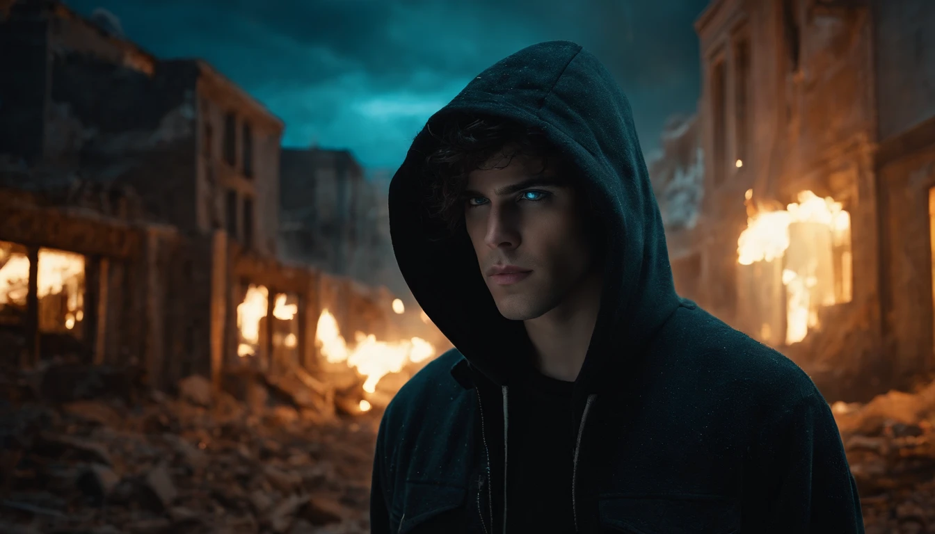 foto realista, tmasterpiece, hiquality, absurdress, guy, Dark hair, Detailed eyes and face, Cyan eyes, beatiful face, black hoodie, Burning city ruins, An abandoned suburban town, Meteor shower, in night, Winged metal figure in the sky