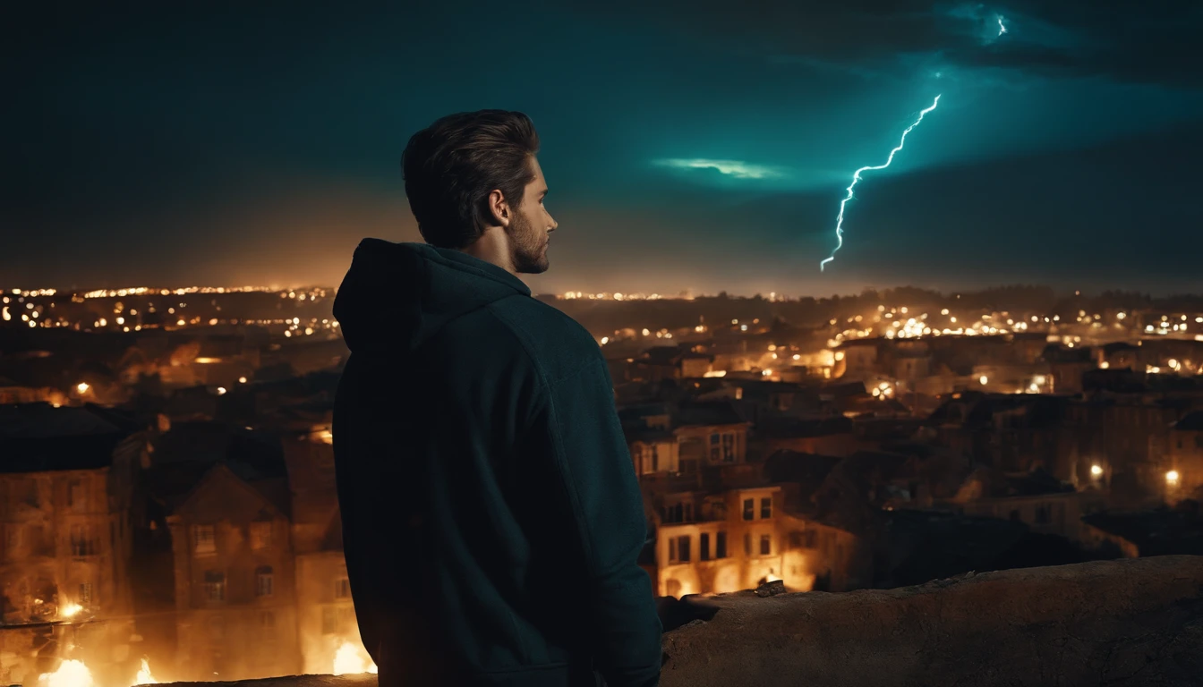 foto realista, tmasterpiece, hiquality, absurdress, guy, Dark hair, Detailed eyes and face, Cyan eyes, beatiful face, black hoodie, Burning city ruins, An abandoned suburban town, Meteor shower, in night, Winged metal figure in the sky