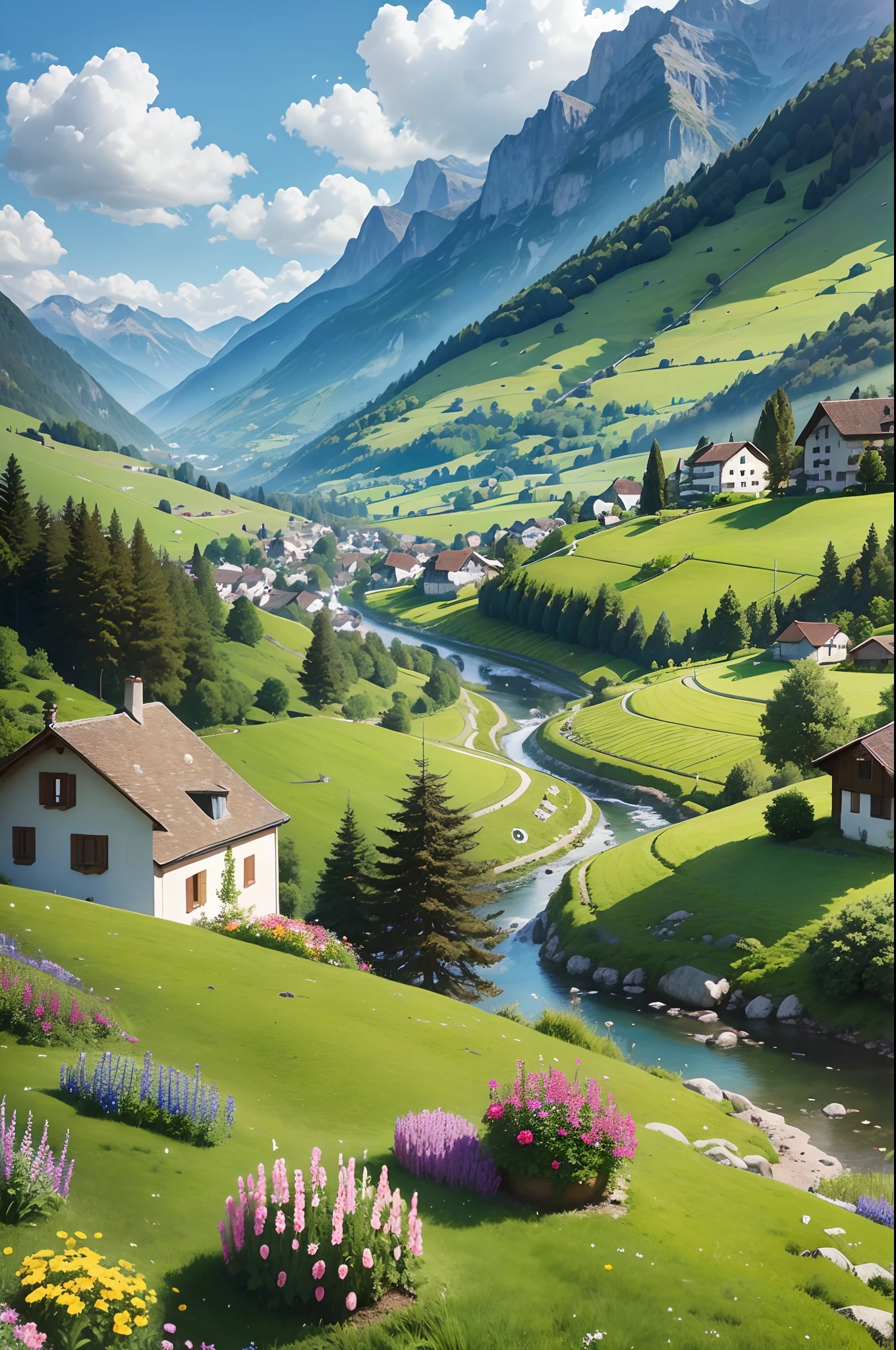 Peaceful and idyllic countryside, Rolling green hills dotted with grazing sheep, Charming villa，Set amidst vibrant flowers, Clear blue sky overhead, Evokes a sense of peace and simplicity, Valle encantador, switzerland, patches of green fields, lush countryside, Valle exuberante,An idyllic village in Milan,，verdant green fields，above a village，Rolling terraces，Colorful garden of flowers and plants，Alpine scenery in the Swiss countryside under the Alps，Carl Sessel Bern，Majestic nature, Swiss architecture, lindo cenario, rios，waterfallr