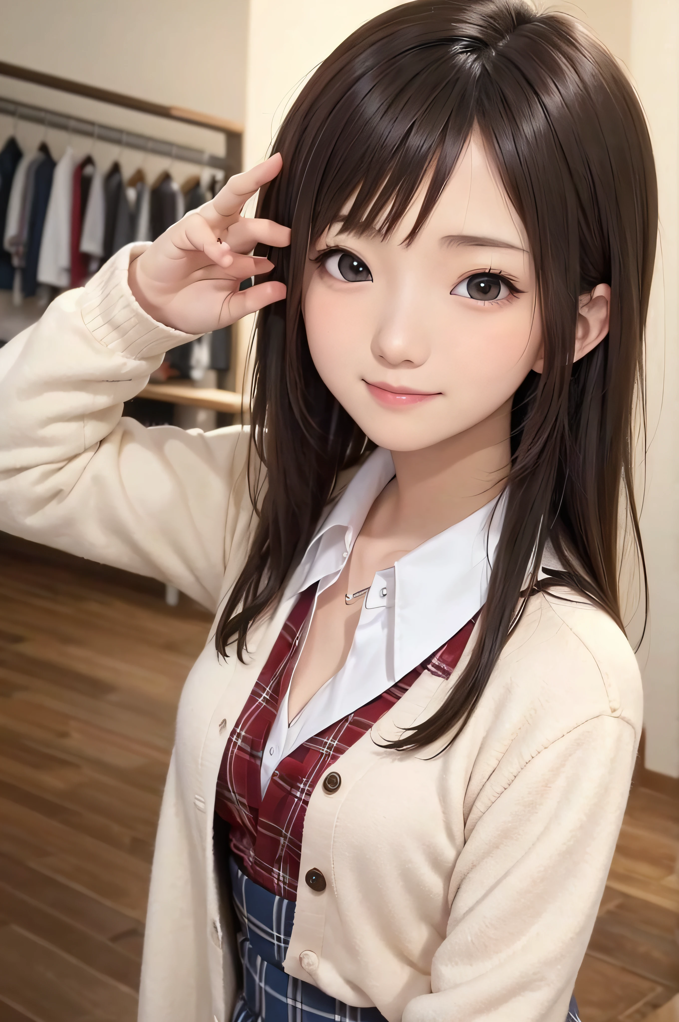 Completely immaculate background、White back、15yo student、soio、brown haired、beautidful eyes、real looking skin、hi-school girl、small tits、tiny chest、(8K、​masterpiece)、(reallistic、Photorealsitic)、top-quality、ighly detailed、The ultra-detailliert、Beautie、cute little、japanes、a smile、Close-up portrait、Healthy face、School uniform、Cardigan、plaid skirts
