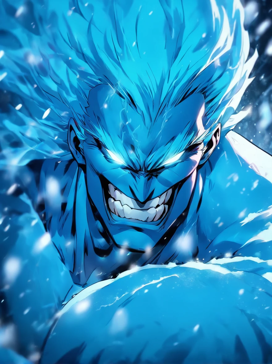 create a character for the superhero story, ice man, bioluminescent blue eyes, blue light coming out of the eyes, white skin, white hair, white beard, Siberia, snow, man, strong and threatening look, handsome, perfect face, scar, malicious smile, menacing smile, closed mouth smile, ice statue, high quality image, ultra realistic photography, 8k, of a hivac