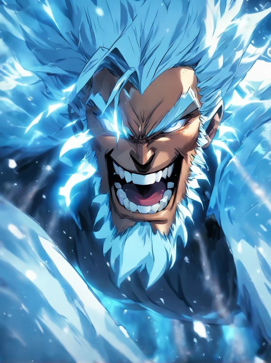 create a character for the superhero story, ice man, bioluminescent blue eyes, blue light coming out of the eyes, white skin, white hair, white beard, Siberia, snow, man, strong and threatening look, handsome, perfect face, scar, malicious smile, menacing smile, closed mouth smile, ice statue, high quality image, ultra realistic photography, 8k, of a hivac