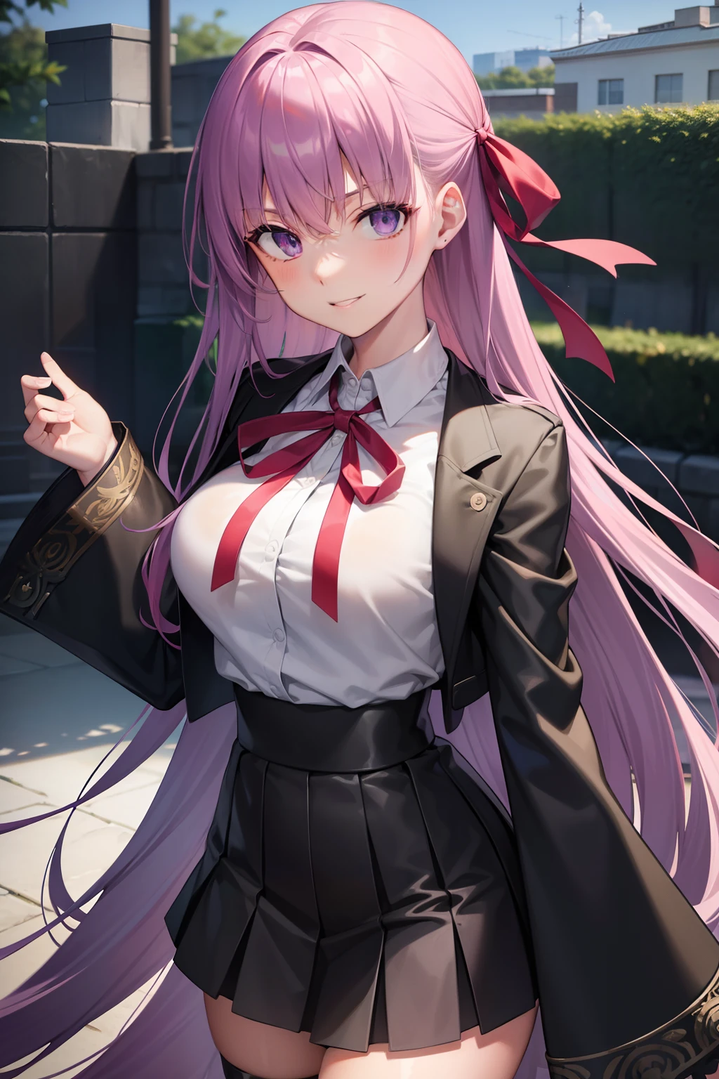 Hugob, nffsw, Purple hair, Long hair, Bangs, (Purple eyes:1.1), (medium breasts⁩:1.2),Blake Black Jacket, Black skirt, Collared shirt, Hair Ribbon, high waist skirt, Jacket, Long sleeves, Neck ribbon, Open your clothes, Open jacket, Pleated skirt, Red Ribbon, bow ribbon, Shirt, Skirt, sleeves past wrists, White shirt, Wide sleeves,BREAK looking at viewer,BREAK outdoors, BREAK (masutepiece:1.2), Best Quality, High resolution, Unity 8k壁纸, (Illustration:0.8), (Beautiful detailed eyes:1.6), extra detailed face, Perfect Lighting, extremely details CG, (Perfect hands, Perfect Anatomy),miscievous smile