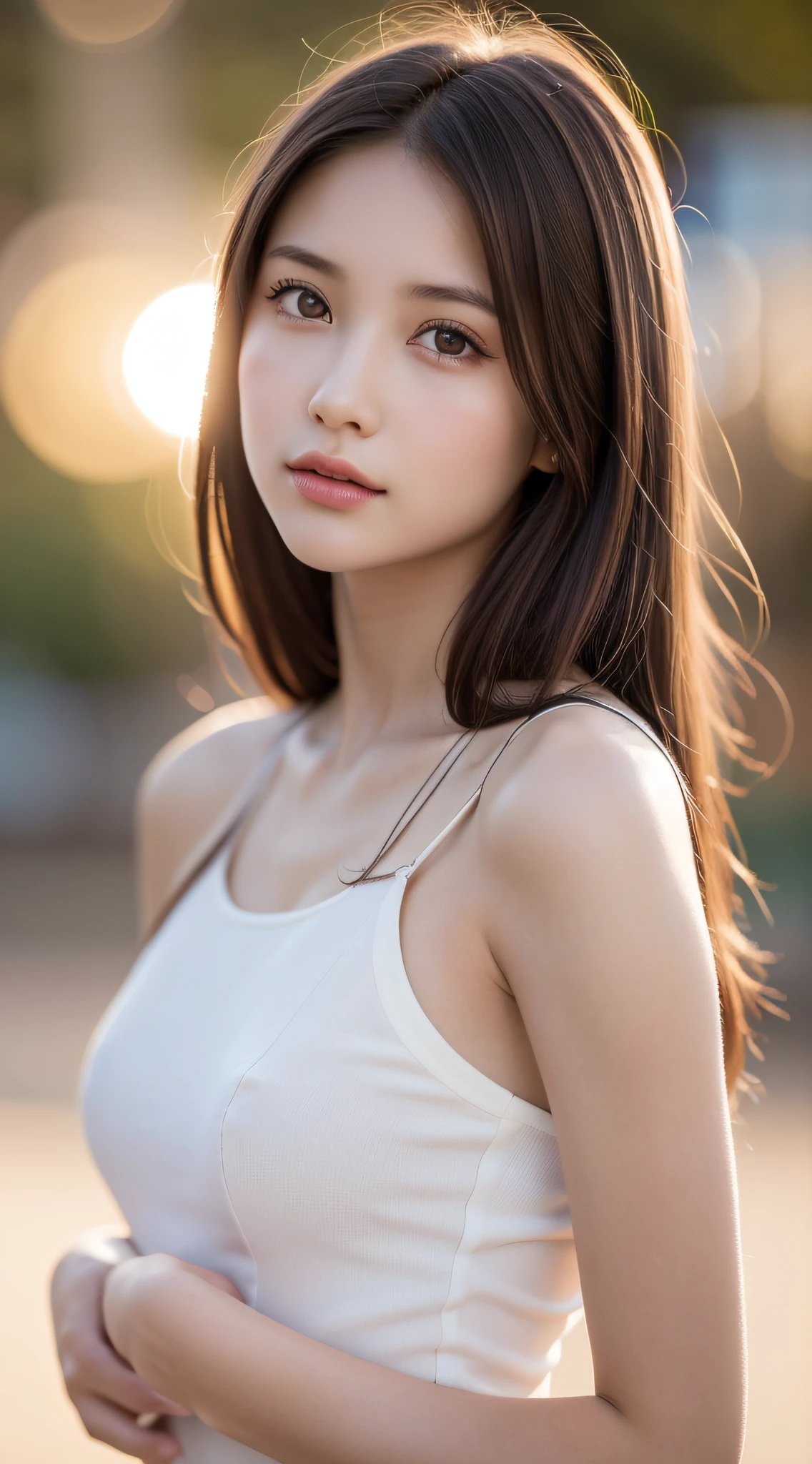 (best quality), (ultra-detailed), (llustration), (detailed light), (an extremely delicate and beautiful), ung girl, brown hair, brown eyes, model, bare shoulders, best quality, extremely detailed CG unified 8k wallpaper, High-definition raw color photos, professional photograpy, (((Bokeh))), depth of fields, twilight, sunset,