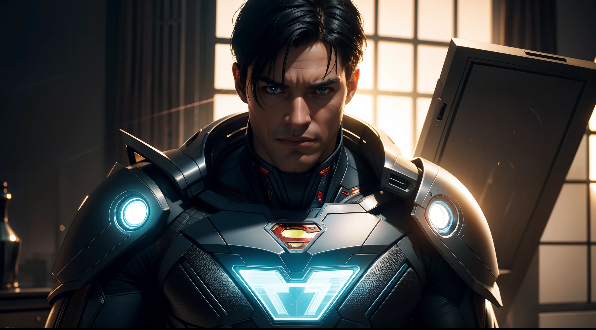 Cyborg Superman от DC Comics, CGI with clear focus, Photorealistic, high detail, Realistic, Masterpiece, absurdress, Best Quality, HDR, hiquality, hight resolution, Extremely detailed, 8k wallpaper, intricate details, 8K UHD, Full-HD, (foto realista:1.2), Contrast, sharp lighting, Cinematic lighting, natural lighting, hard light, Backlighting, Global Illumination, Environment Occlusion