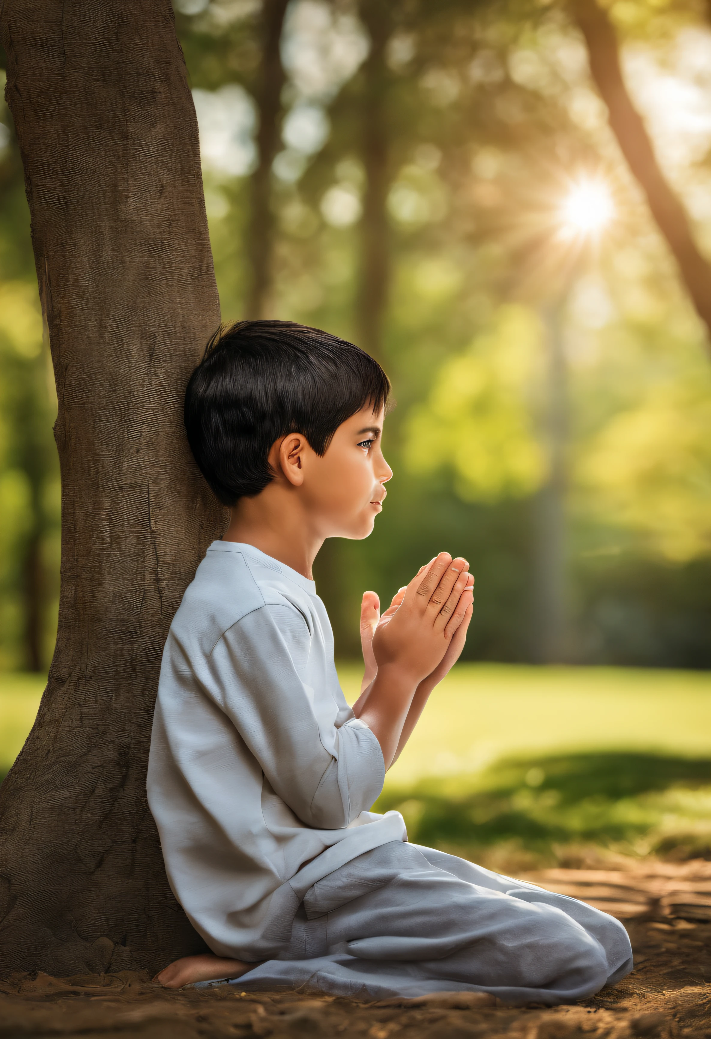 A photograph captured in a park on a bright sunny day, showcasing a young boy in a moment of heartfelt prayer. The image is crisp and detailed, with vibrant colors and a perfect balance of light and shadow. The composition highlights the boy's innocent expression and the beautiful surroundings of the park. The photograph exudes a sense of faith, hope, and the power of prayer.