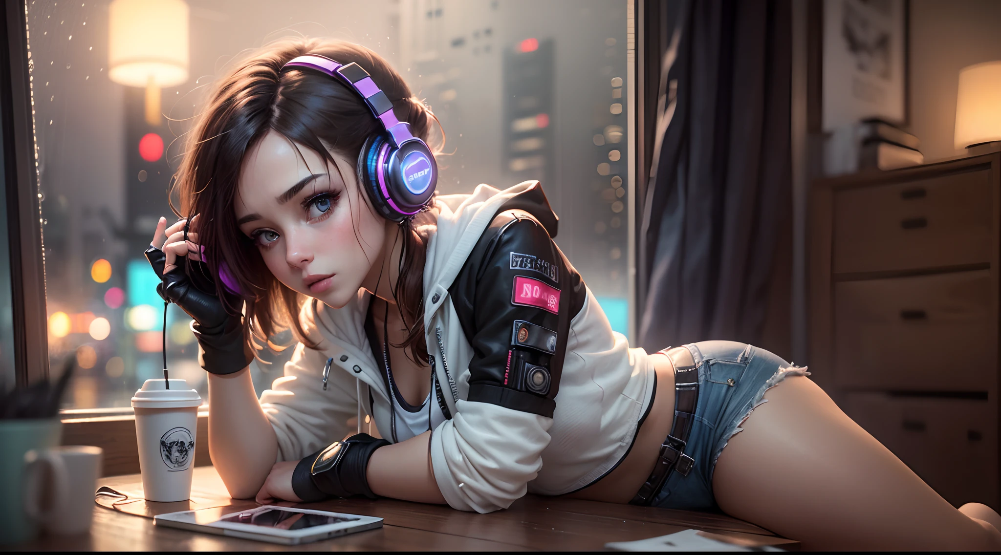 (Best quality, 4k, Masterpiece :1.3), ((rainy night: 1.5)), Girl 20 years brunette , cyberpunk lo-fi, in the bedroom, listening to music on pc, coffee cup on the table, headphones, open window on rainy night, white top glued, short shorts, wearing socks, ultra detailed, full cyberpunk headset, intricate details, 16k