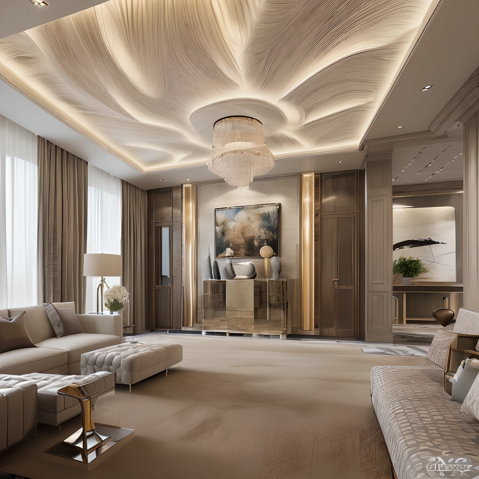 Masterpiece, high quality, best quality, authentic, super detail, interior, luxurious livingroom, modern ceiling,carpet,similar color tones,warm light