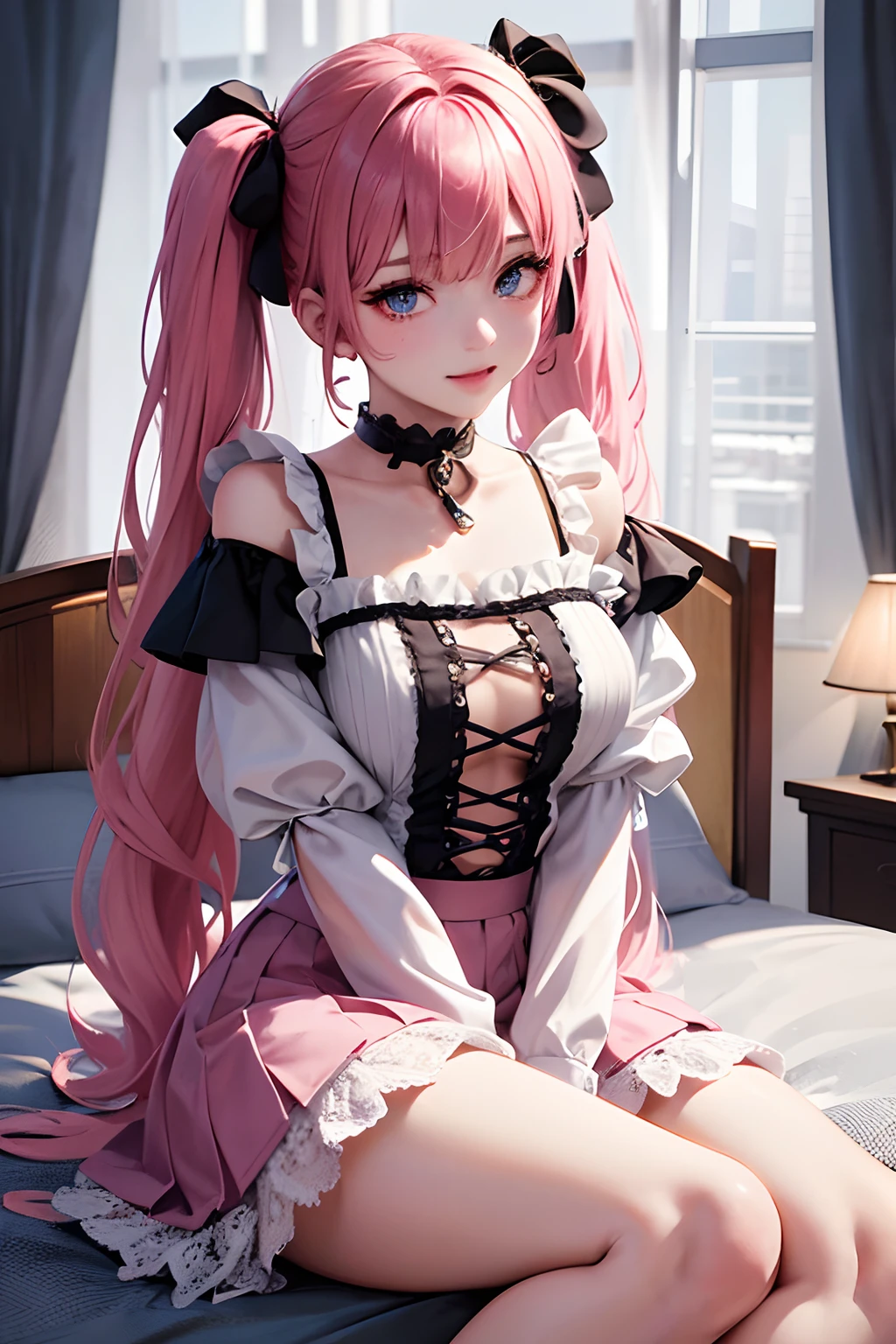 1girl in、looking at the viewers、
The upper part of the body、Beautiful blue eyes、Twin tails pink hair color、Moles under the eyes、Plump and glossy lips、Heart-shaped choker、gazing at viewer、smiling at the viewer、。.。.。.。.。.。.。.。.。.。.。.。.。.。.。.。.。.。.。.。.。.。.。.3D、realisitic、
Blouses with ruffles、Ultra mini skirt、florals、Lace trim、Luxurious rooms with luxurious décor、
masterpiece、top-quality、8K、detailed skin textures、Detailed Cloth Texture、beautifull detailed face、intricate-detail、ultra-detailliert、
Rim lighting、Side lighting、ciinematic light、超A high resolution、8K UHD、film grains、Best Shadow、delicated、gazing at viewer、front facing、Gesture of waiting for a kiss