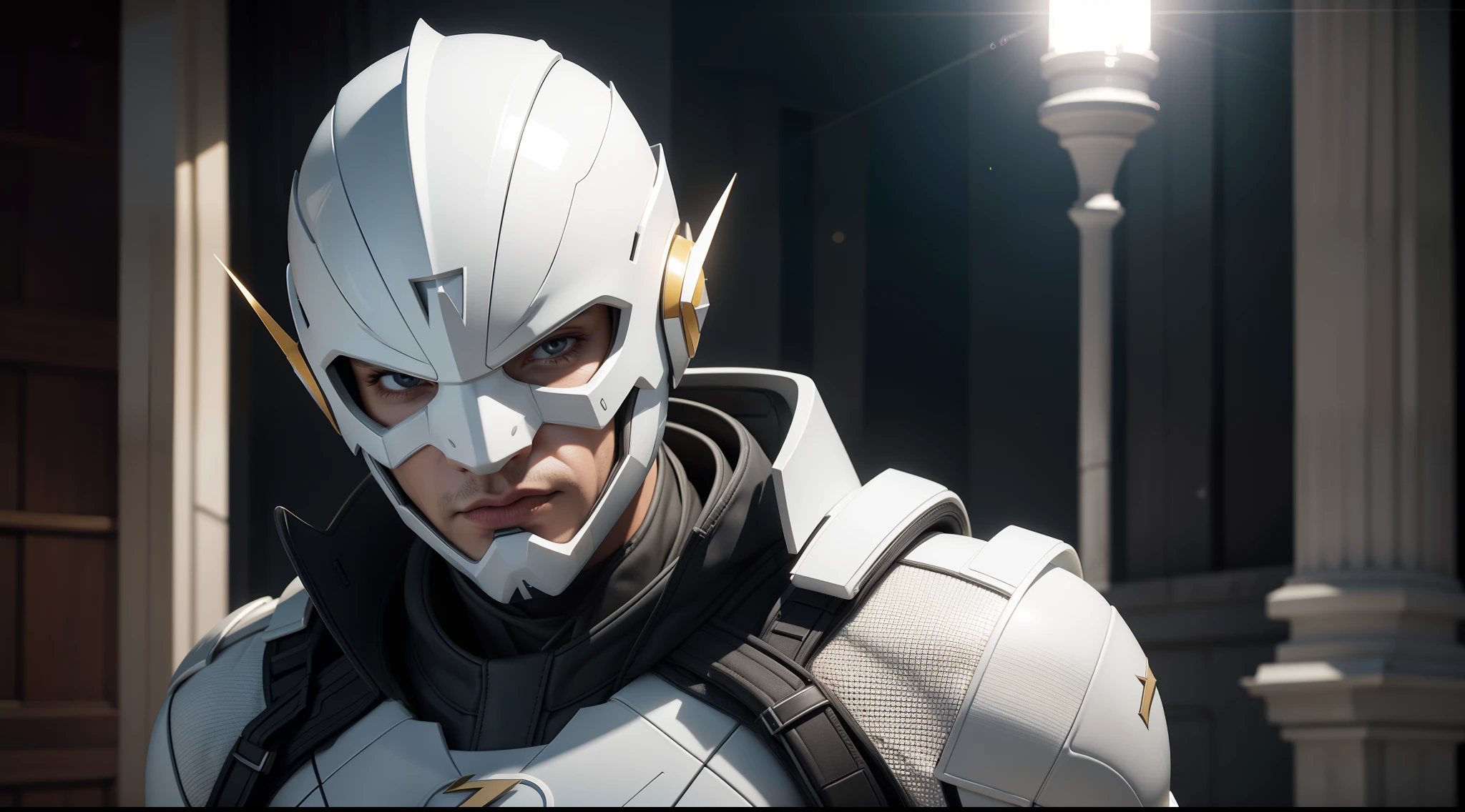 Flash (white suit) от DC Comics, CGI with clear focus, Photorealistic, high detail, Realistic, Masterpiece, absurdress, Best Quality, HDR, hiquality, hight resolution, Extremely detailed, 8k wallpaper, intricate details, 8K UHD, Full-HD, (foto realista:1.2), Contrast, sharp lighting, Cinematic lighting, natural lighting, hard light, Backlighting, Global Illumination, Environment Occlusion